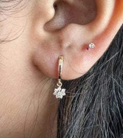 14K Solid Yellow Gold Diamond Flower Hoop Earring Flower Drop Earring Gold Gift.