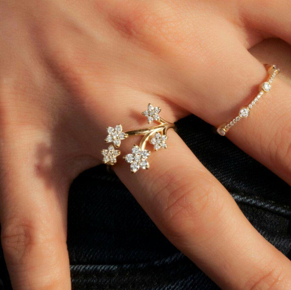 14K massives Gelbgold Diamant-Blumen-Statement-Ring, Verlobungsring, Goldring. (Art déco) im Angebot