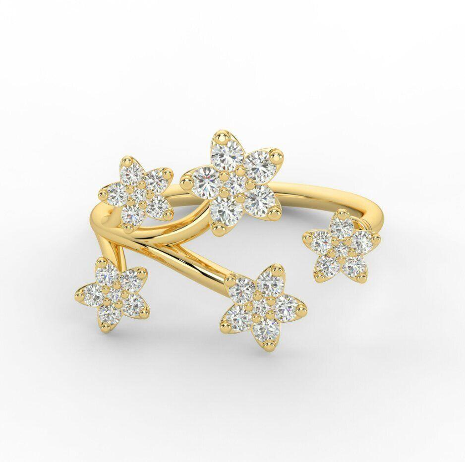 14K massives Gelbgold Diamant-Blumen-Statement-Ring, Verlobungsring, Goldring. (Rundschliff) im Angebot