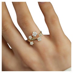 14K massives Gelbgold Diamant-Blumen-Statement-Ring, Verlobungsring, Goldring.