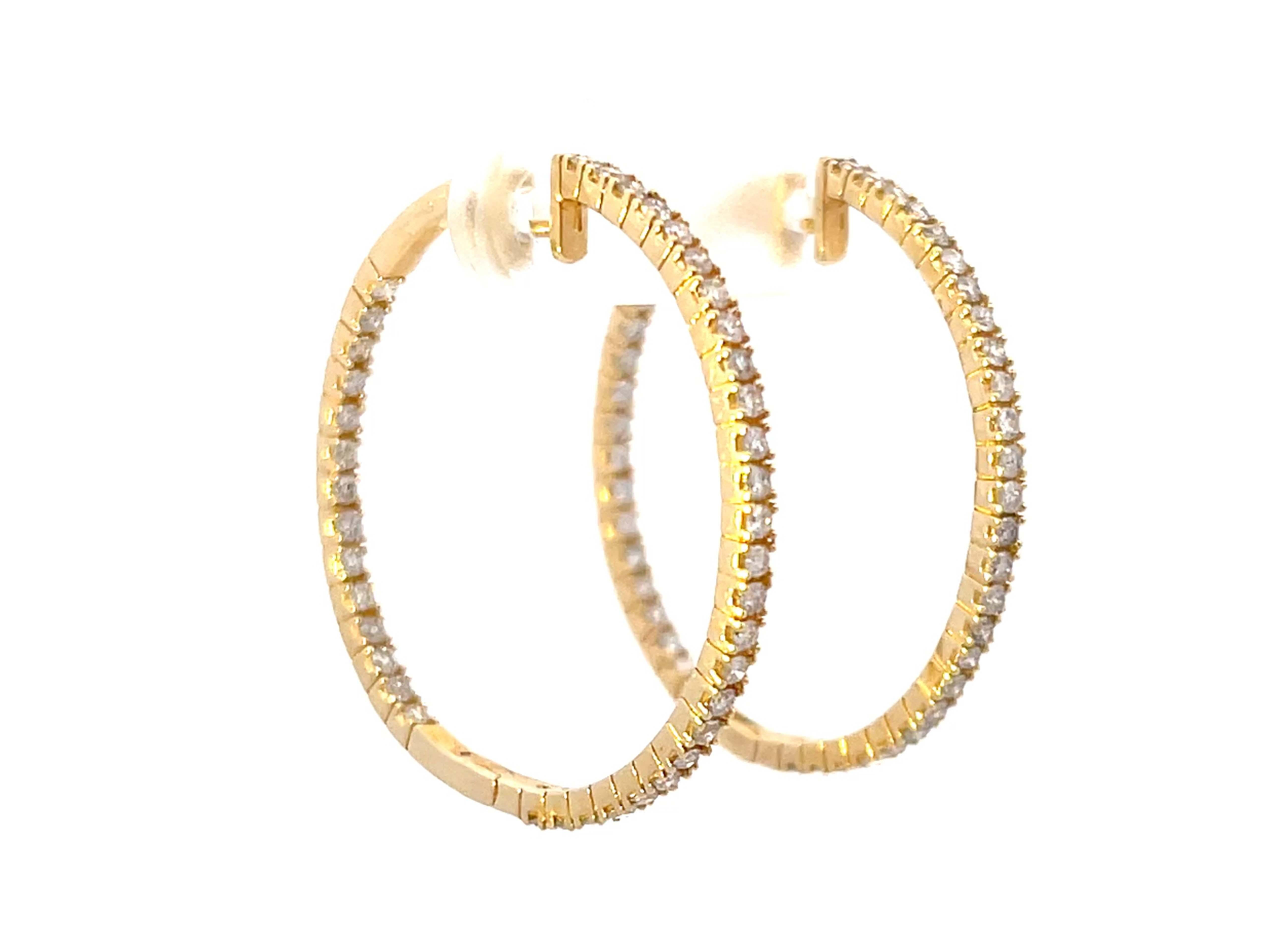 Modern 14K Solid Yellow Gold Diamond Hoop Earrings
