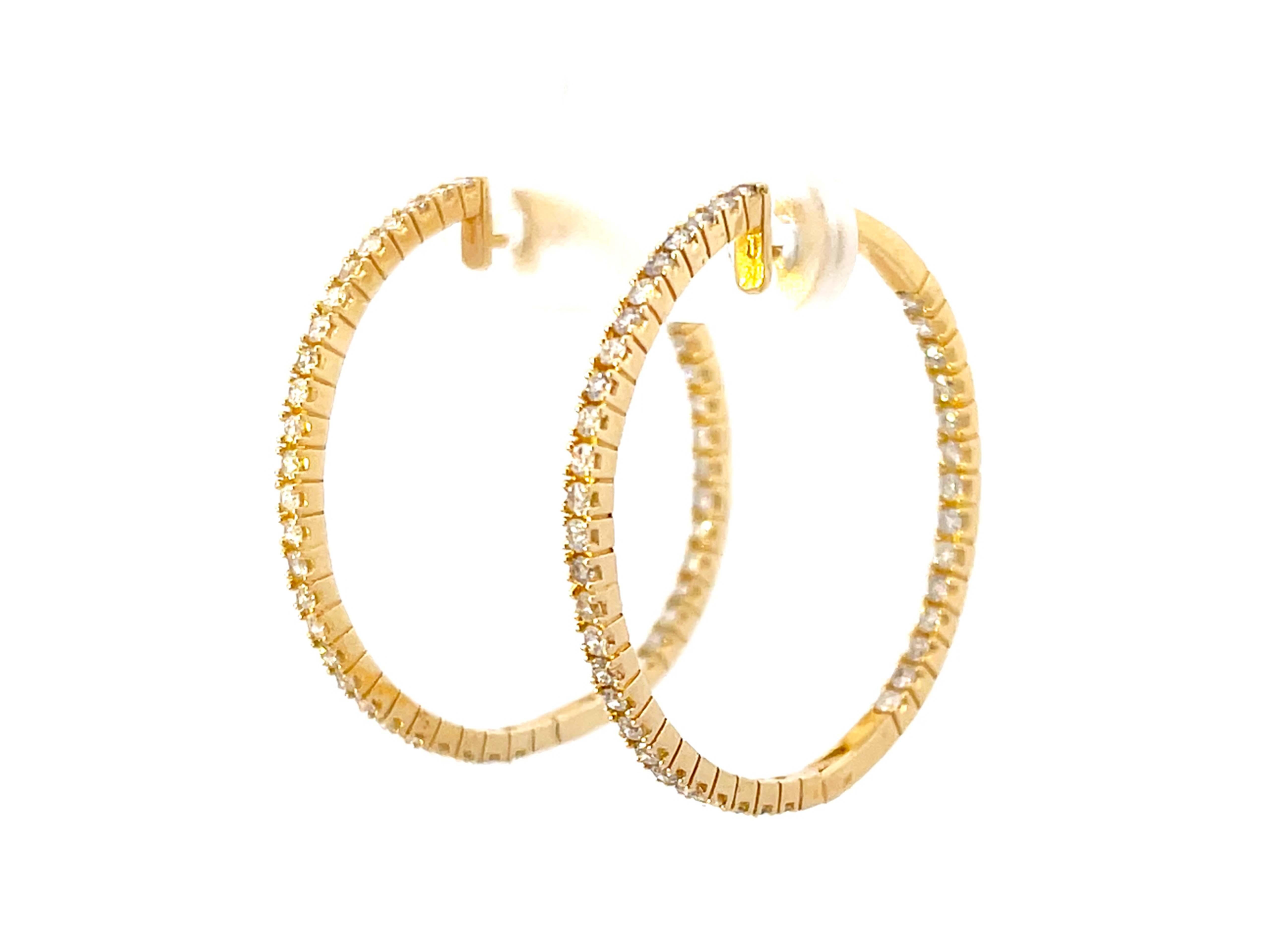 Brilliant Cut 14K Solid Yellow Gold Diamond Hoop Earrings