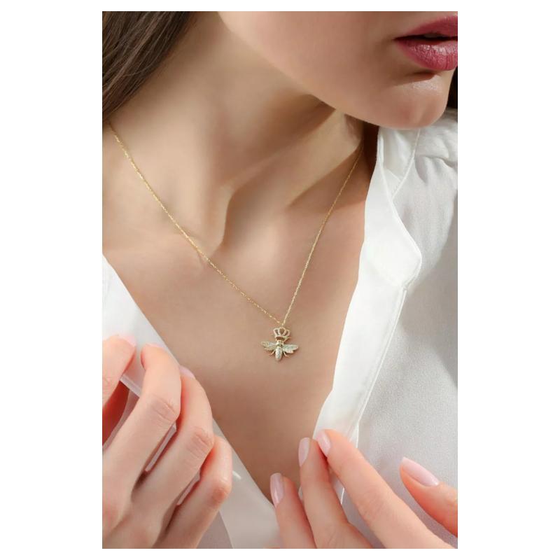 Round Cut Diamond Queen Bee Dainty Honeycomb Necklace in 14K Solid Yellow Gold For Sale