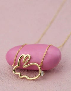 14K Solid Yellow Gold Diamond Rabbit Necklace Dainty
