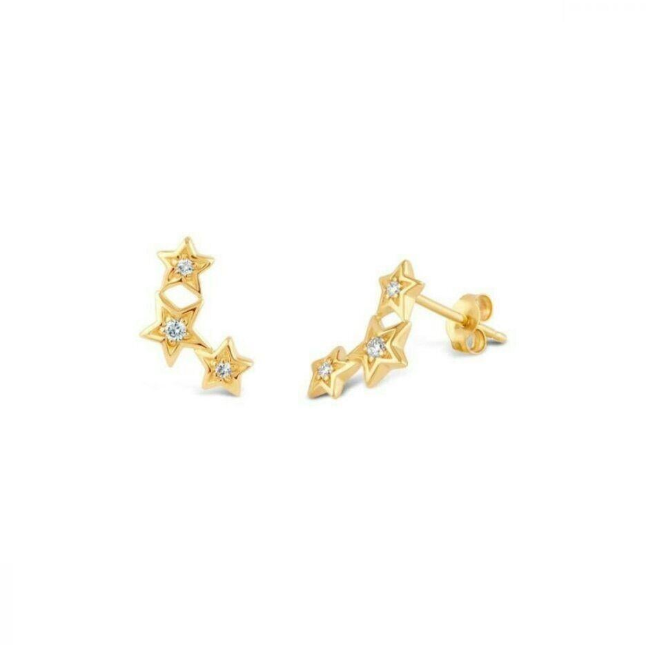 14K Solid Yellow Gold Diamond Shooting Star Stud Earrings Minimalist Summer Gift In New Condition For Sale In Chicago, IL