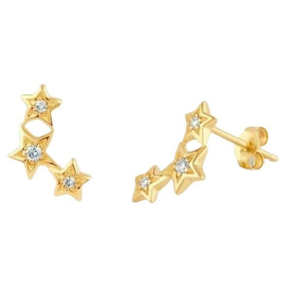 14K Solid Yellow Gold Diamond Shooting Star Stud Earrings Minimalist Summer Gift For Sale