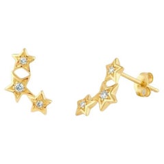 14K Solid Yellow Gold Diamond Shooting Star Stud Earrings Minimalist Summer Gift