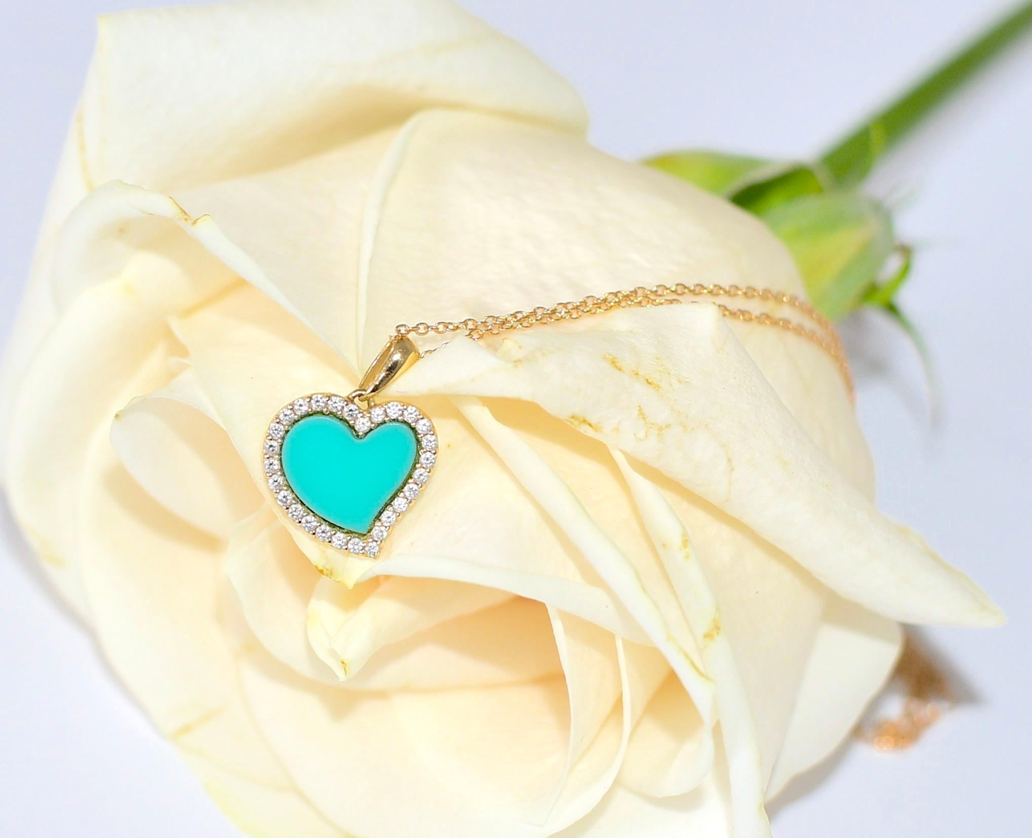 
Simple and cute Sleeping Beauty Turquoise Love necklace with 14K solid Yellow Gold chain (18 inches).
Genuine 14K yellow GOLD diamond charm pendant with beautiful sleeping beauty turquoise heart and many small diamonds on it(0.22 carat), they are