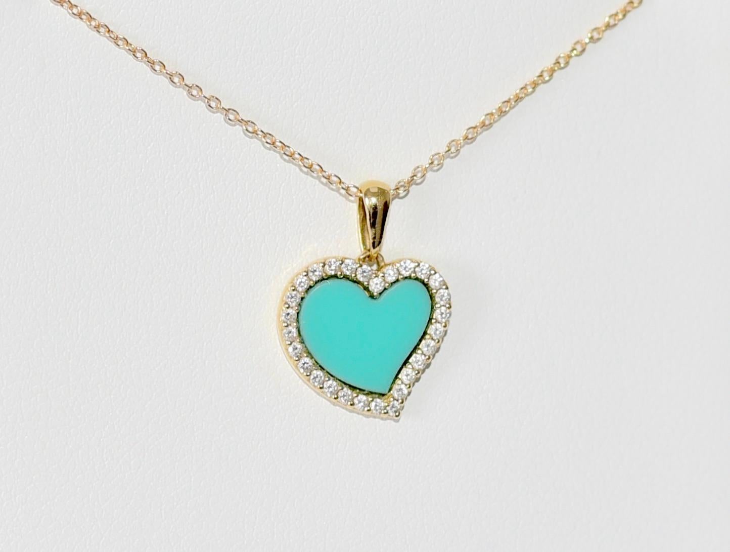 Modern 14K Solid Yellow Gold Diamond Sleeping Beauty Turquoise Love Necklace For Sale