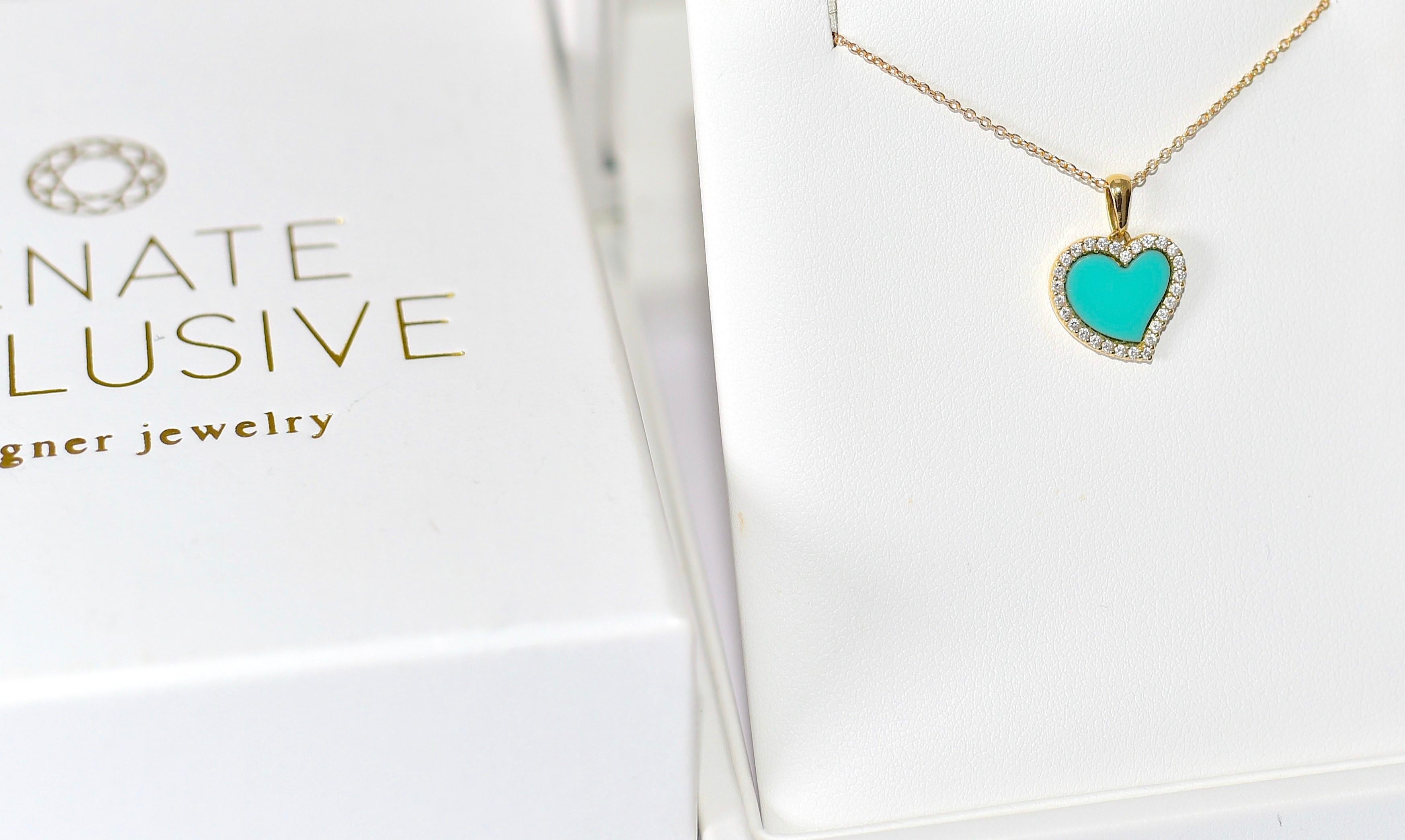 14K Solid Yellow Gold Diamond Sleeping Beauty Turquoise Love Necklace In New Condition For Sale In Astoria, NY