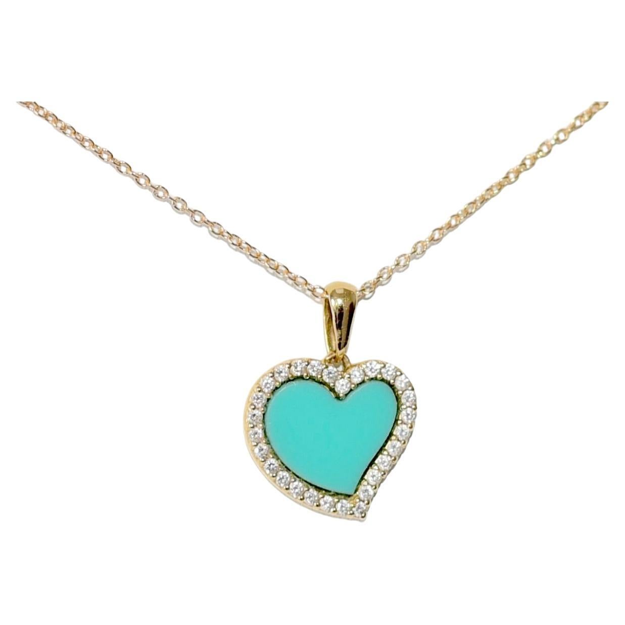 14K Solid Yellow Gold Diamond Sleeping Beauty Turquoise Love Necklace For Sale