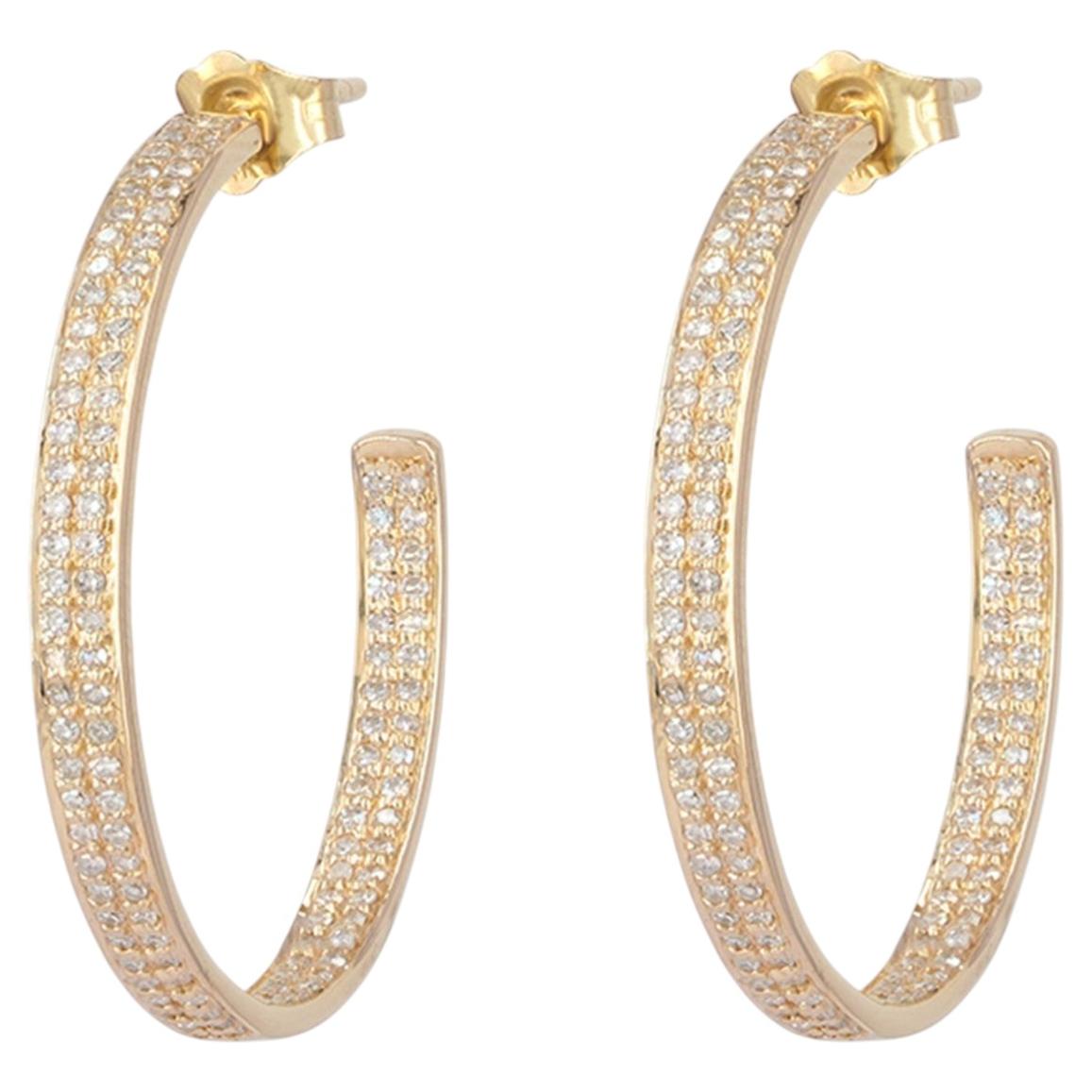 Natural Pave Diamond 14k Yellow Gold Hoop Earrings Fine Jewelry