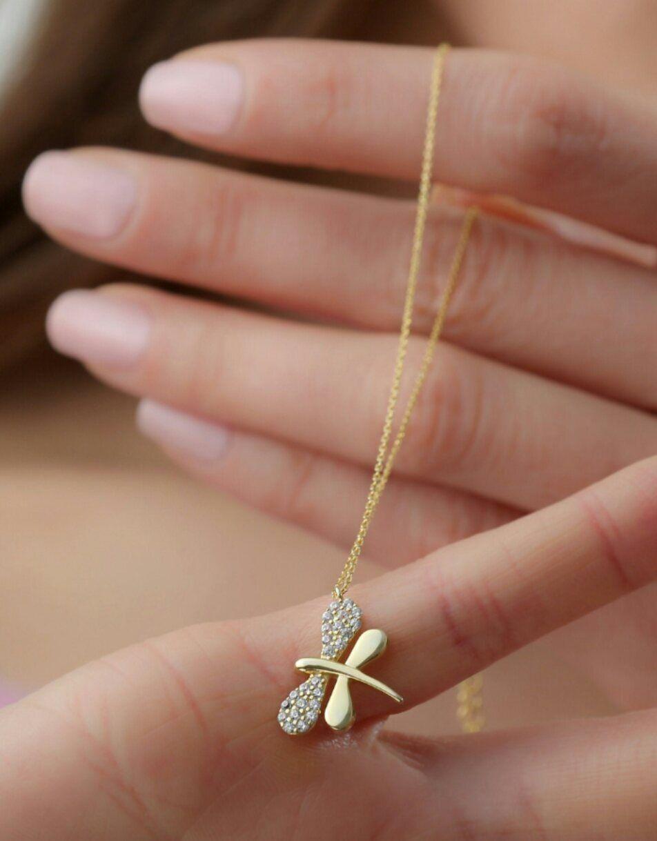 Victorian 14k Solid Yellow Gold Dragonfly Diamond Necklace Pendant Gold Dragonfly Necklace For Sale