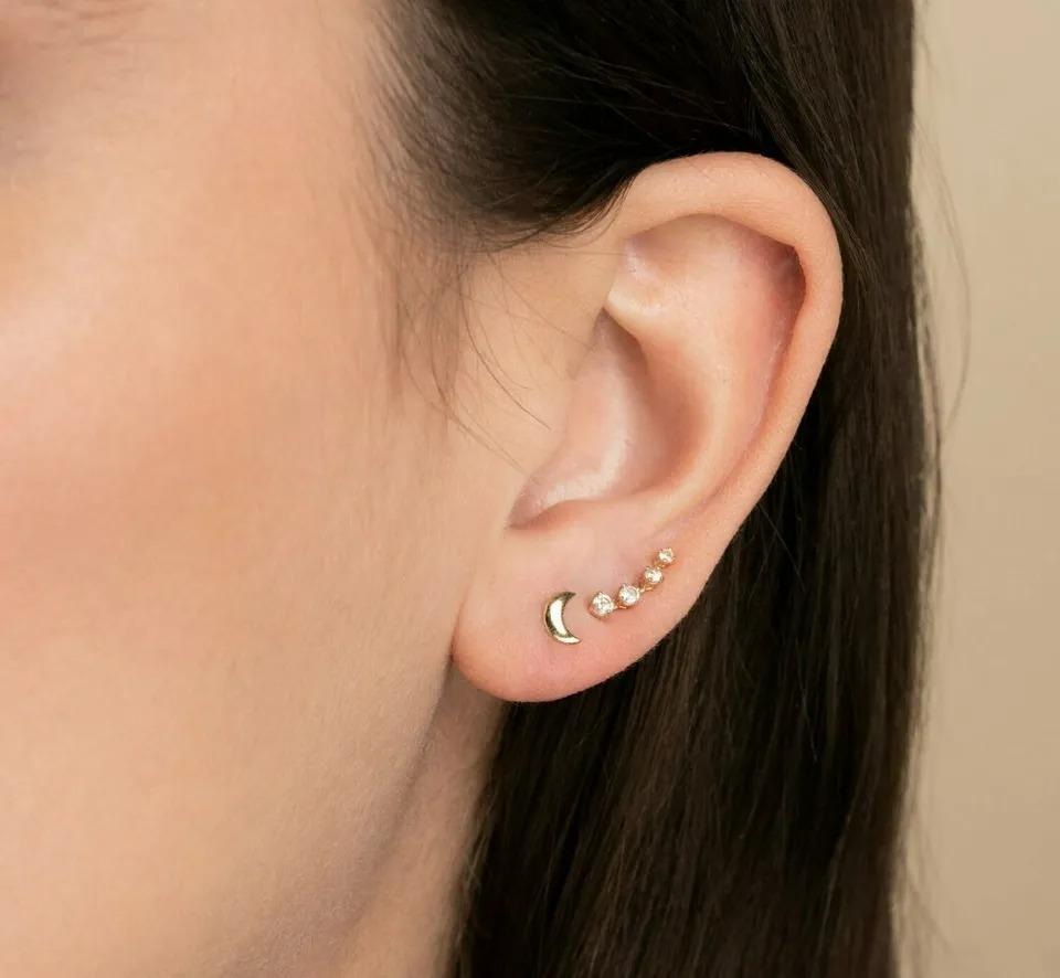 Round Cut 14k Solid Yellow Gold Ear Climber Diamond Pave Earring For Sale