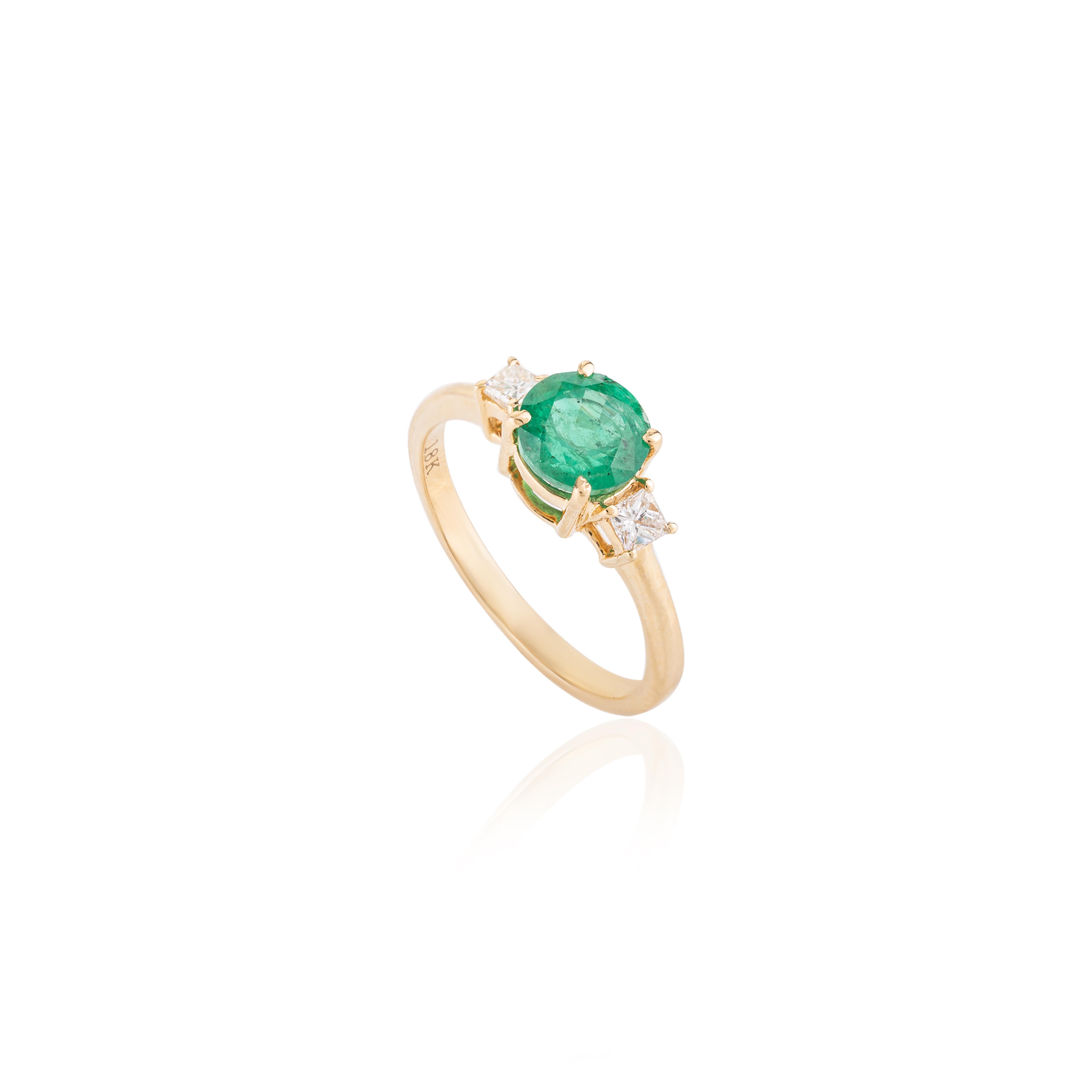 For Sale:  14k Solid Yellow Gold Emerald and Diamond Three-Stone Engagement Ring  9