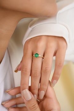 14k Solid Yellow Gold Trilogy Green Emerald Diamond Engagement Ring