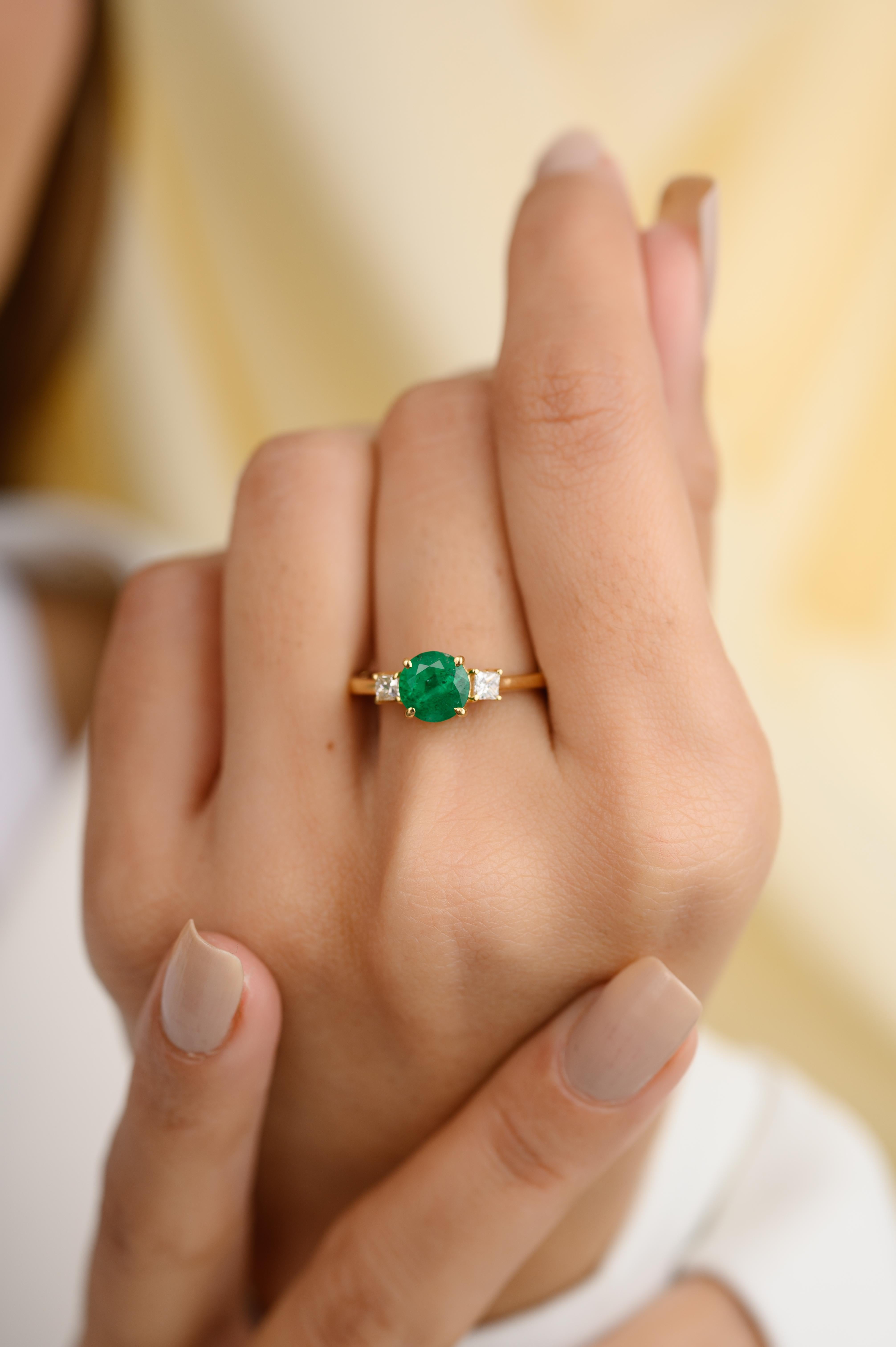 For Sale:  14k Solid Yellow Gold Emerald and Diamond Three-Stone Engagement Ring  4