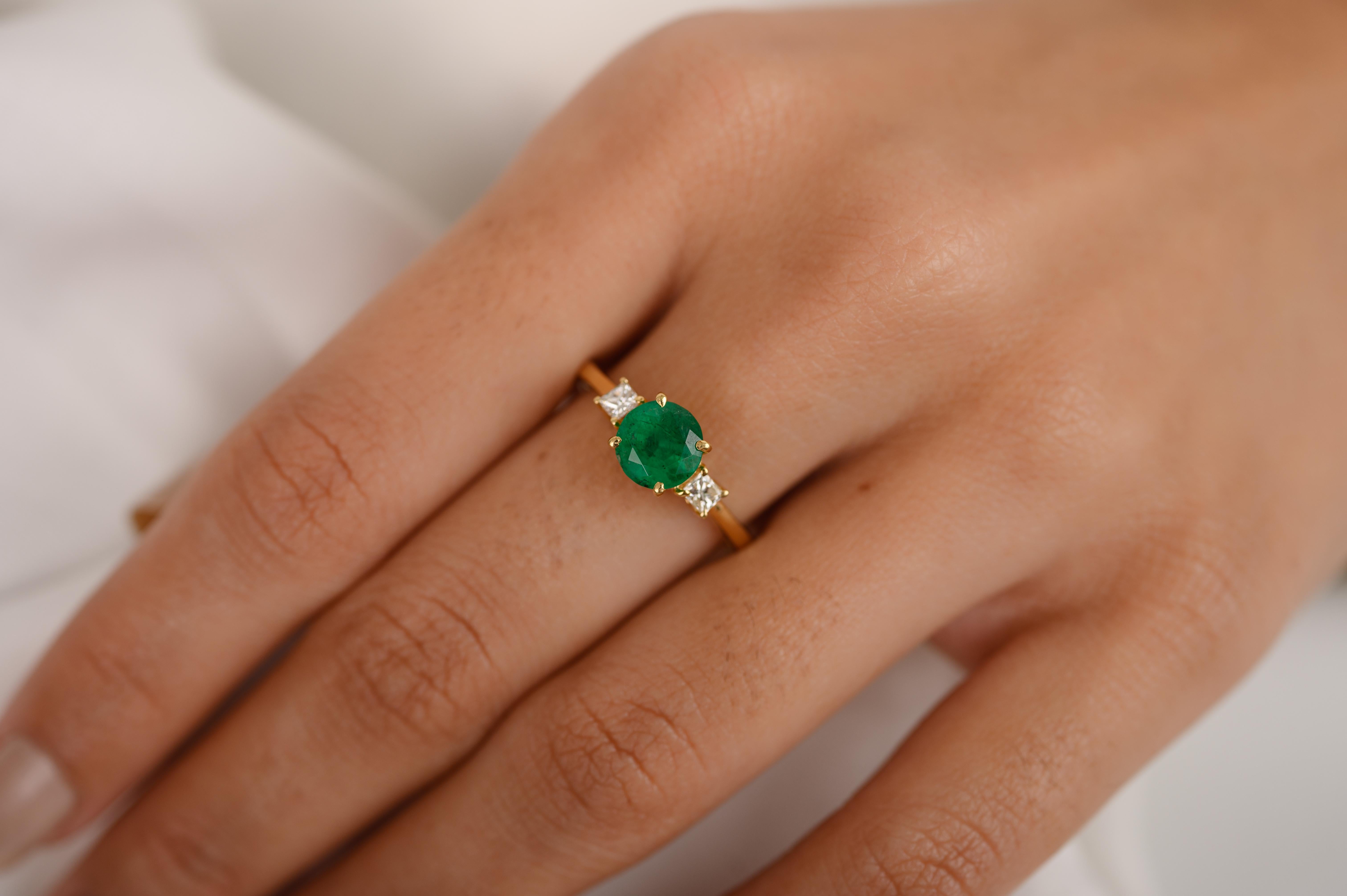 For Sale:  14k Solid Yellow Gold Emerald and Diamond Three-Stone Engagement Ring  6