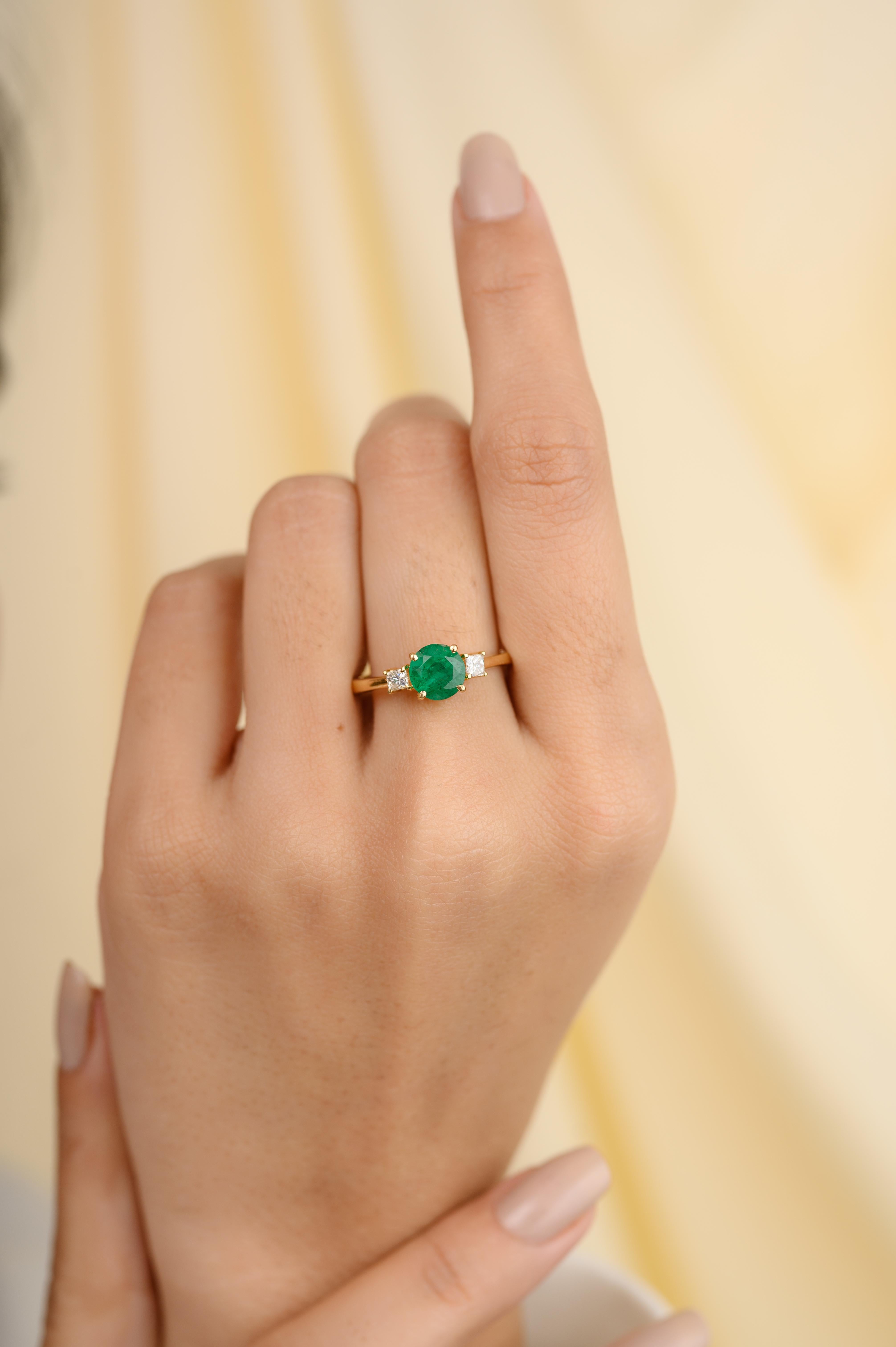 For Sale:  14k Solid Yellow Gold Emerald and Diamond Three-Stone Engagement Ring  8