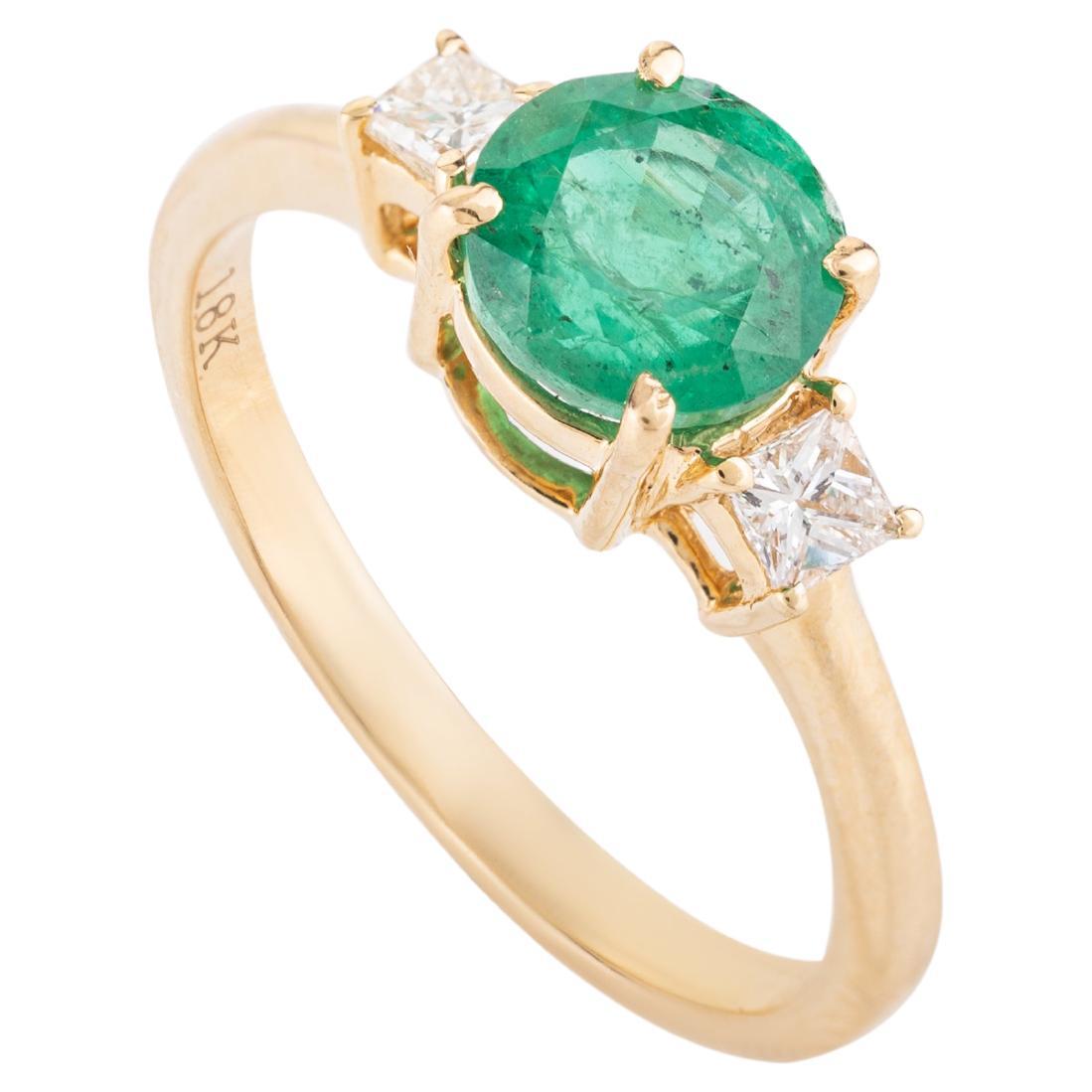 For Sale:  14k Solid Yellow Gold Emerald and Diamond Three-Stone Engagement Ring