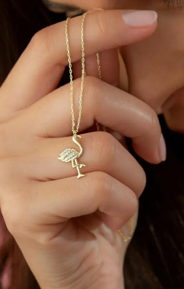 Round Cut Flamingo Diamond Charm Pendant Necklace Necklace in 14K Solid Yellow Gold For Sale