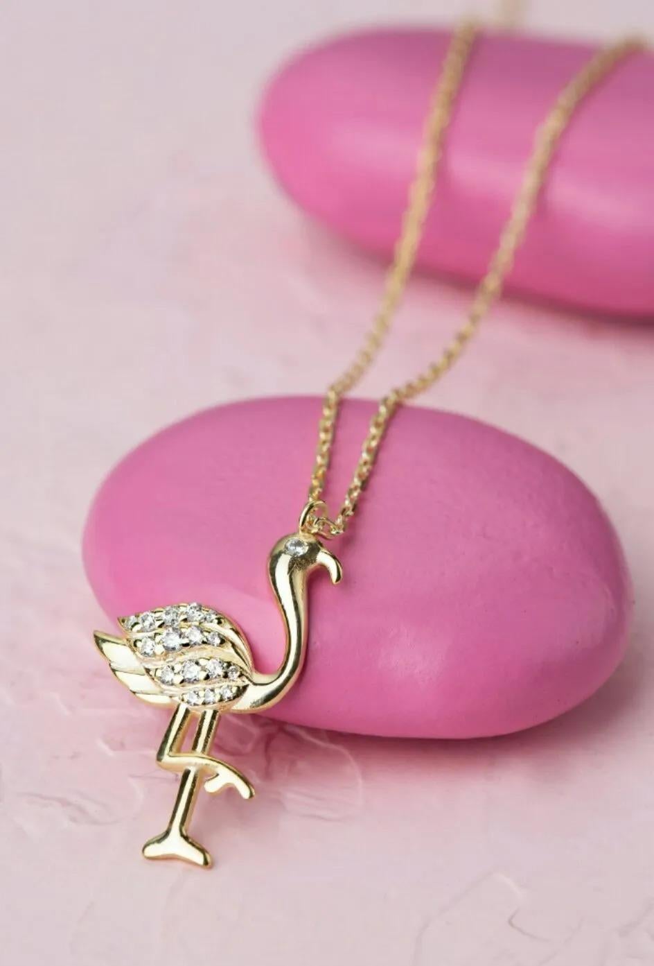 Flamingo Diamond Charm Pendant Necklace Necklace in 14K Solid Yellow Gold In New Condition For Sale In Chicago, IL