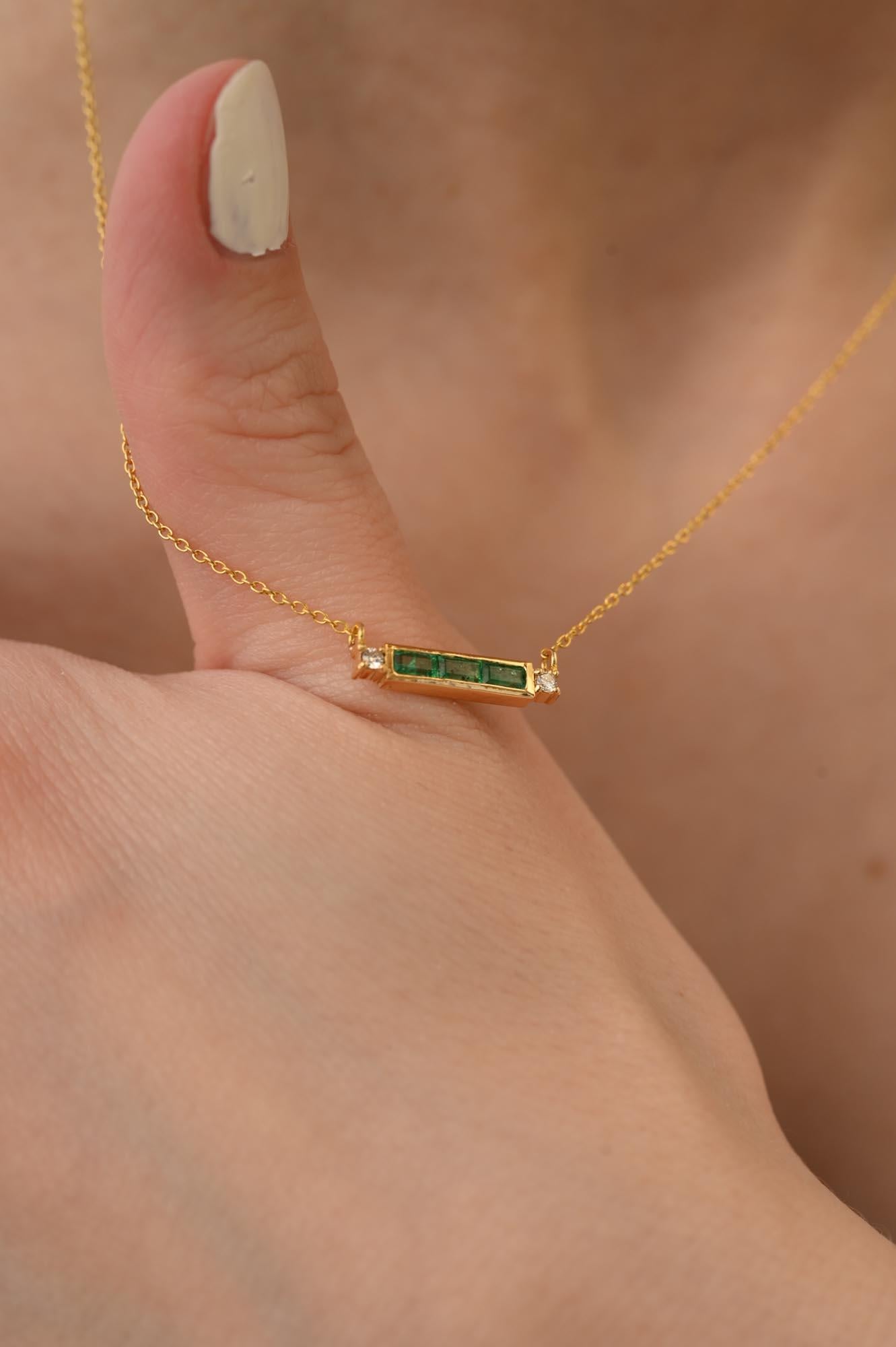 14k Solid Yellow Gold Diamond Emerald Baguette Bar Necklace, Thank You Gift For Sale 5