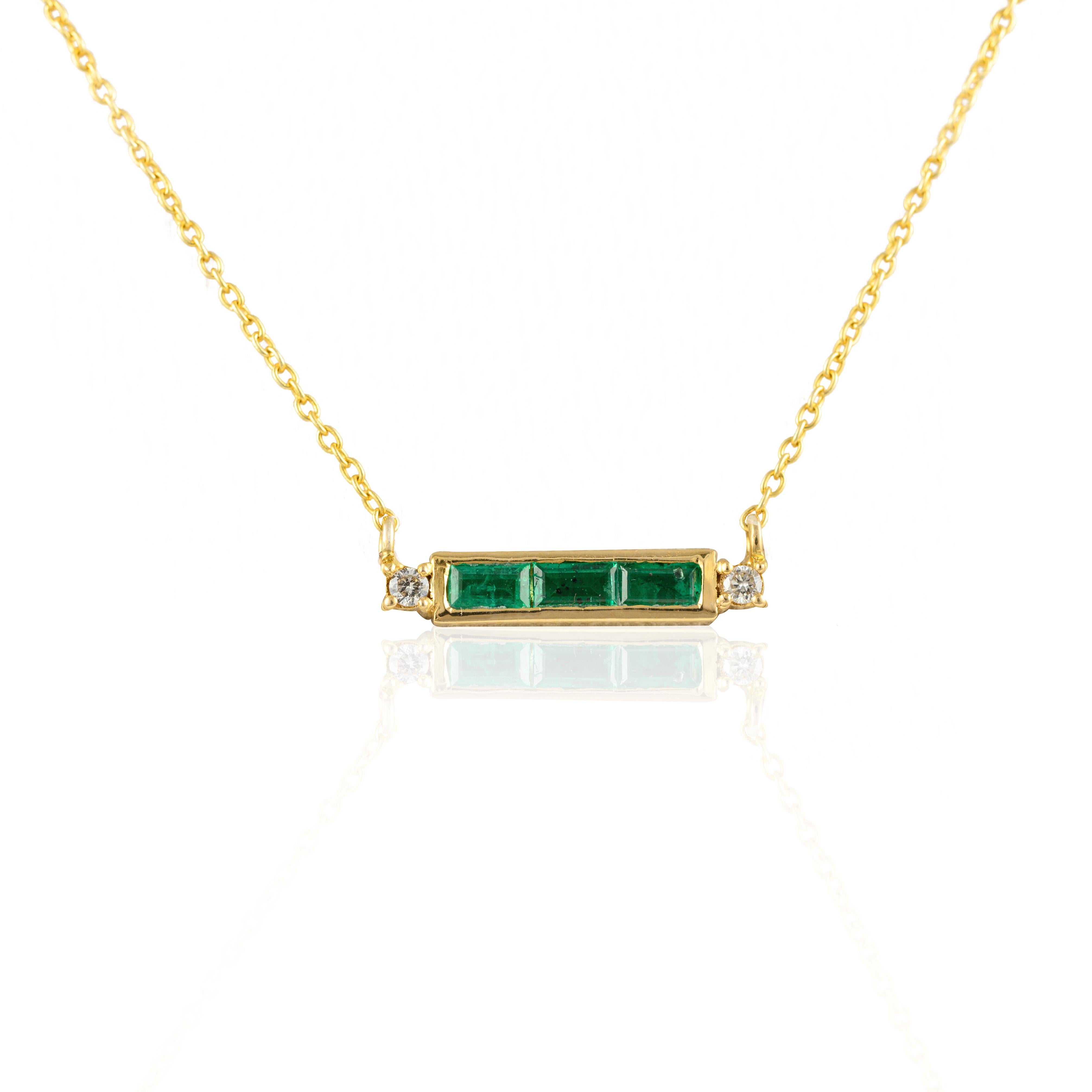 14k Solid Yellow Gold Diamond Emerald Baguette Bar Necklace, Thank You Gift For Sale 1