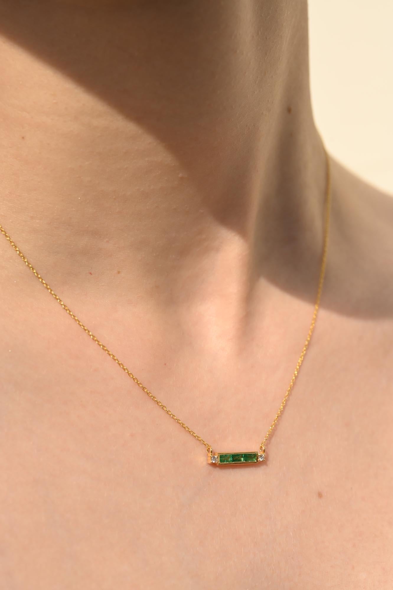 Modern 14k Solid Yellow Gold Diamond Emerald Baguette Bar Necklace, Thank You Gift For Sale