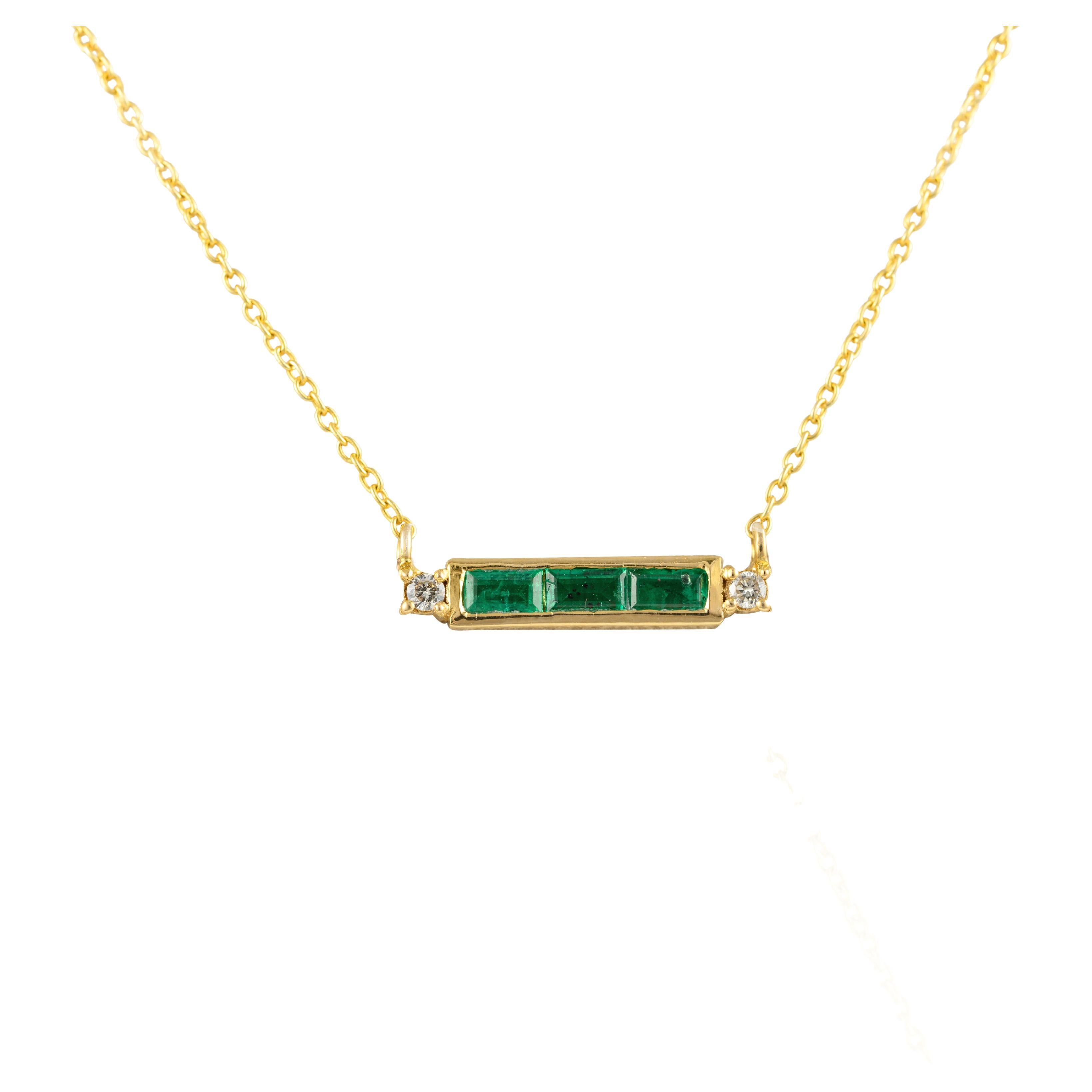 14k Solid Yellow Gold Diamond Emerald Baguette Bar Necklace, Thank You Gift For Sale
