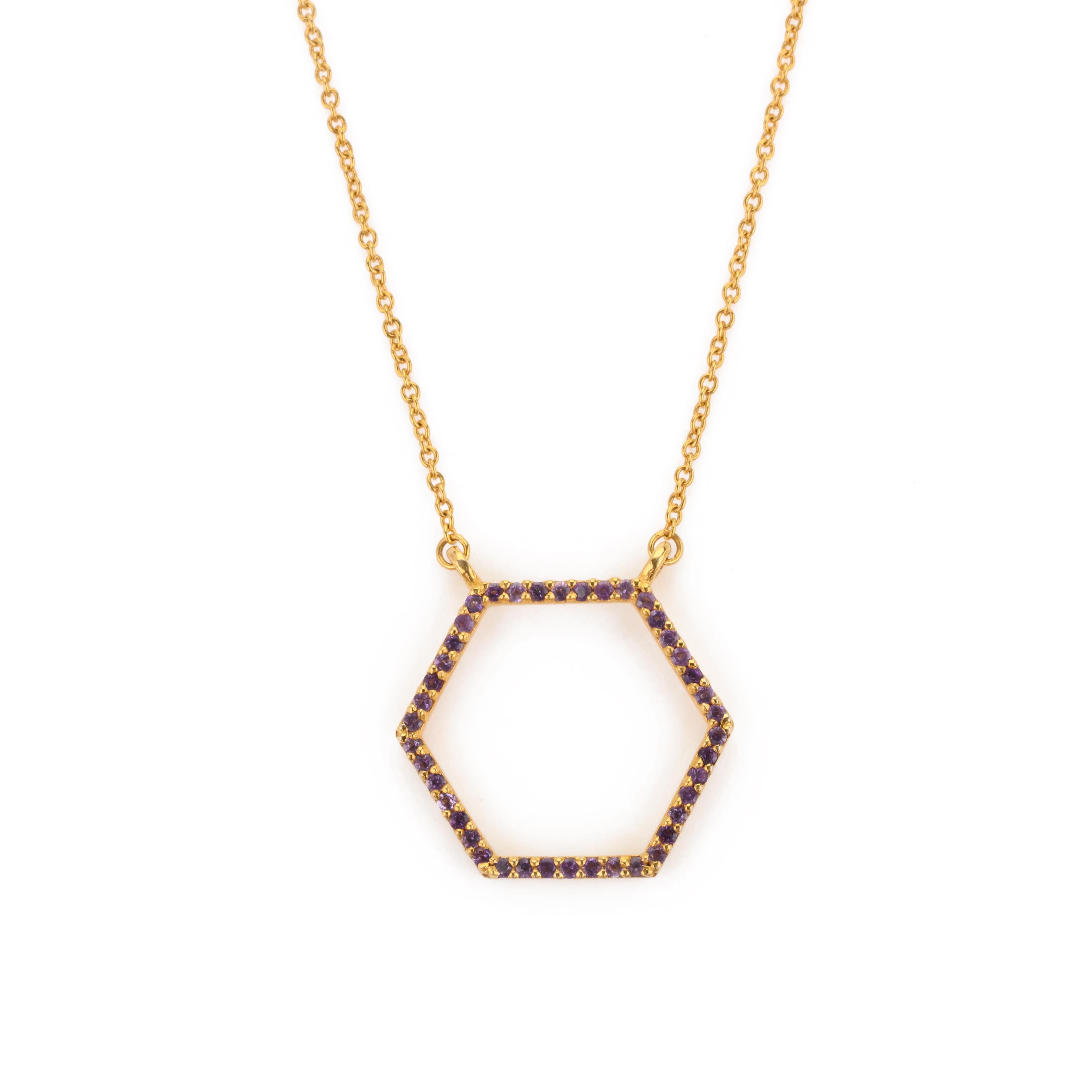 14k Solid Yellow Gold Amethyst Hexagon Pendant Chain Necklace In New Condition For Sale In Houston, TX