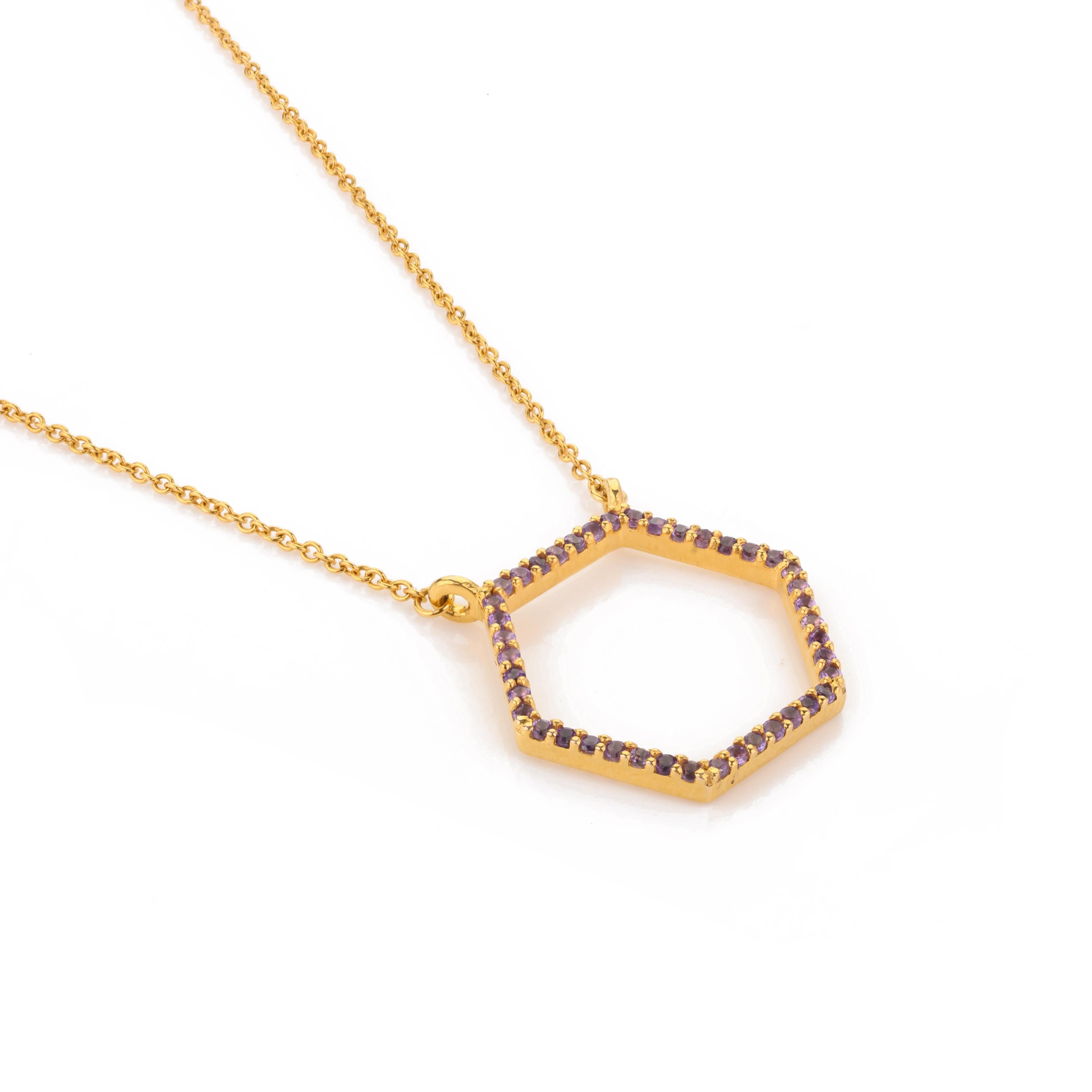 Modern 14k Solid Yellow Gold Amethyst Hexagon Pendant Chain Necklace For Sale