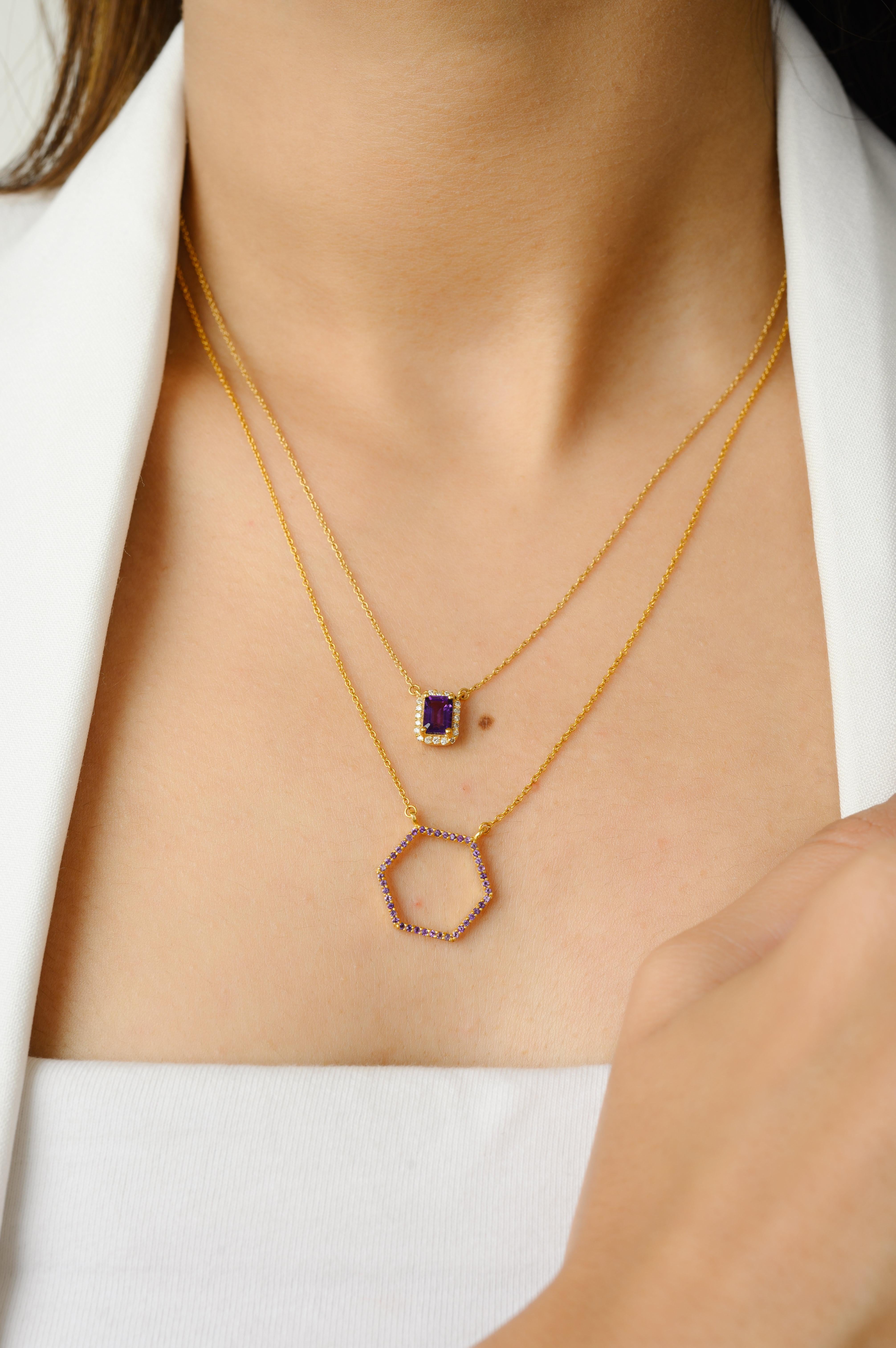 Women's 14k Solid Yellow Gold Amethyst Hexagon Pendant Chain Necklace For Sale