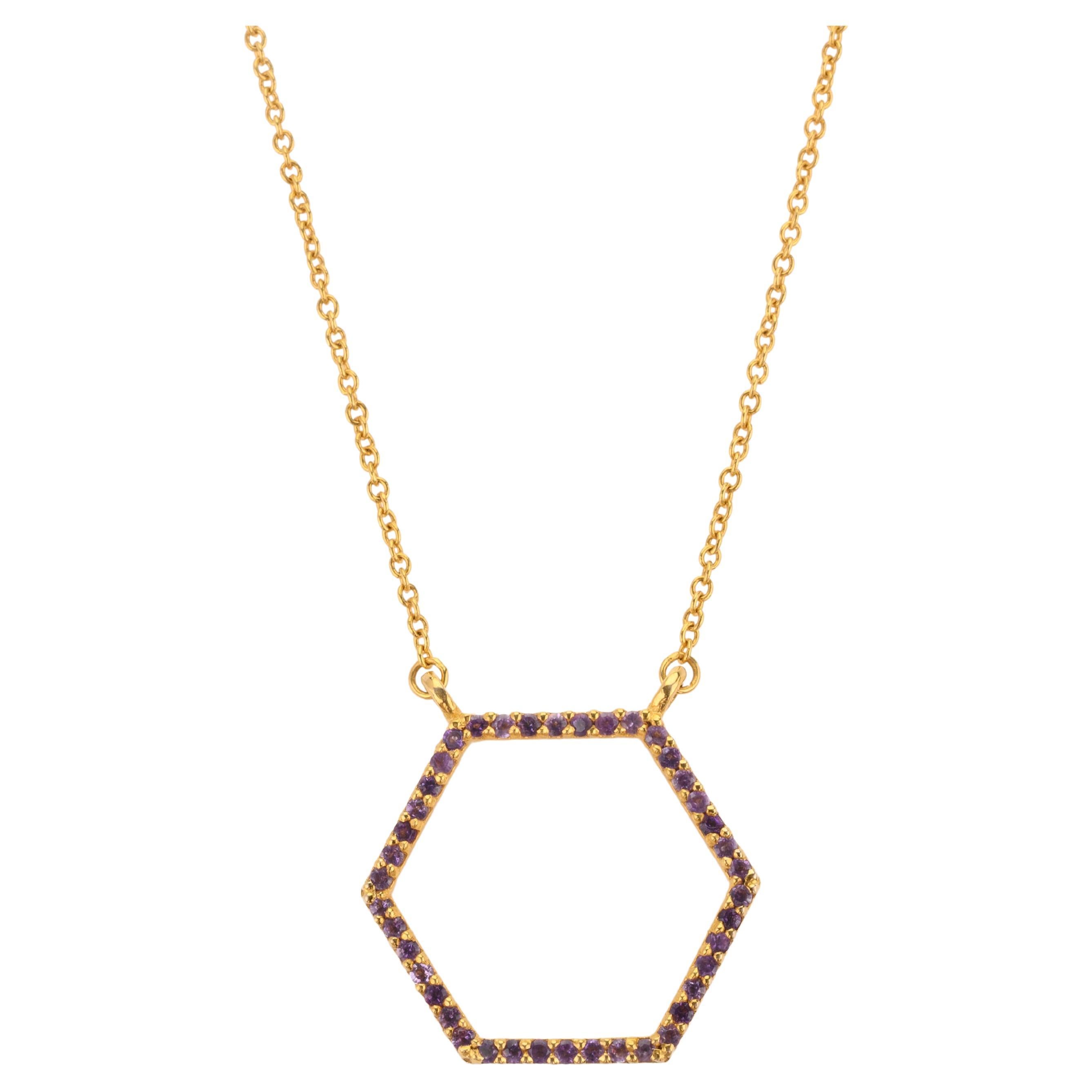 14k Solid Yellow Gold Amethyst Hexagon Pendant Chain Necklace For Sale