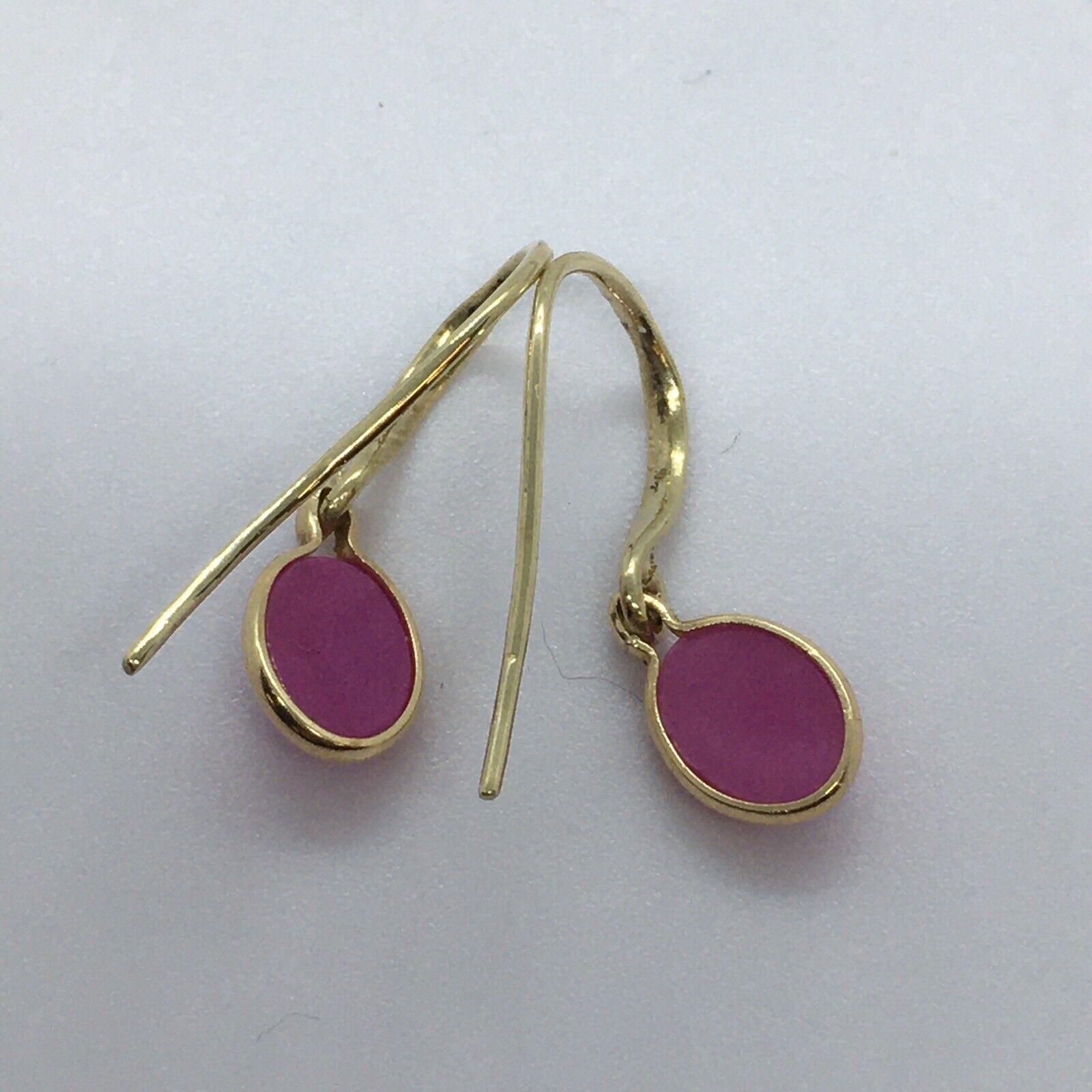 Modernist 14K Solid Yellow Gold Lab Created Oval Lindy Star Ruby Dangling Wire Earrings