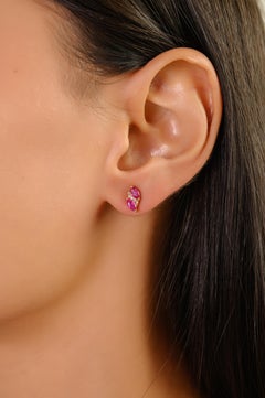 Boucles d'oreilles en or jaune massif 14K, rubis naturel taille marquise et diamants en grappe