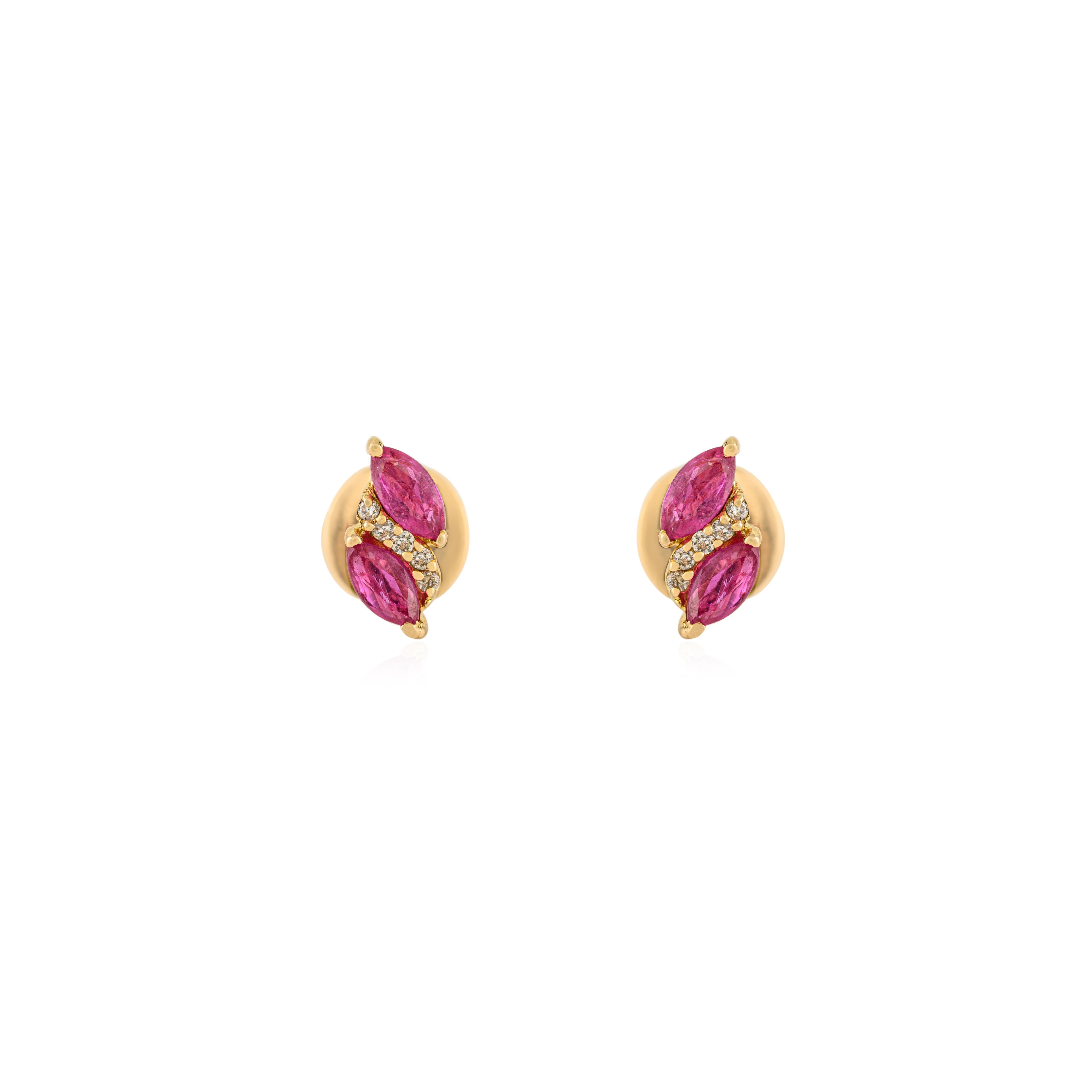 Boucles d'oreilles en or jaune massif 14K, rubis naturel taille marquise et diamants en grappe en vente 1