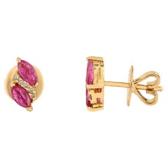 14K Solid Yellow Gold Marquise Cut Natural Ruby & Diamond Cluster Stud Earrings