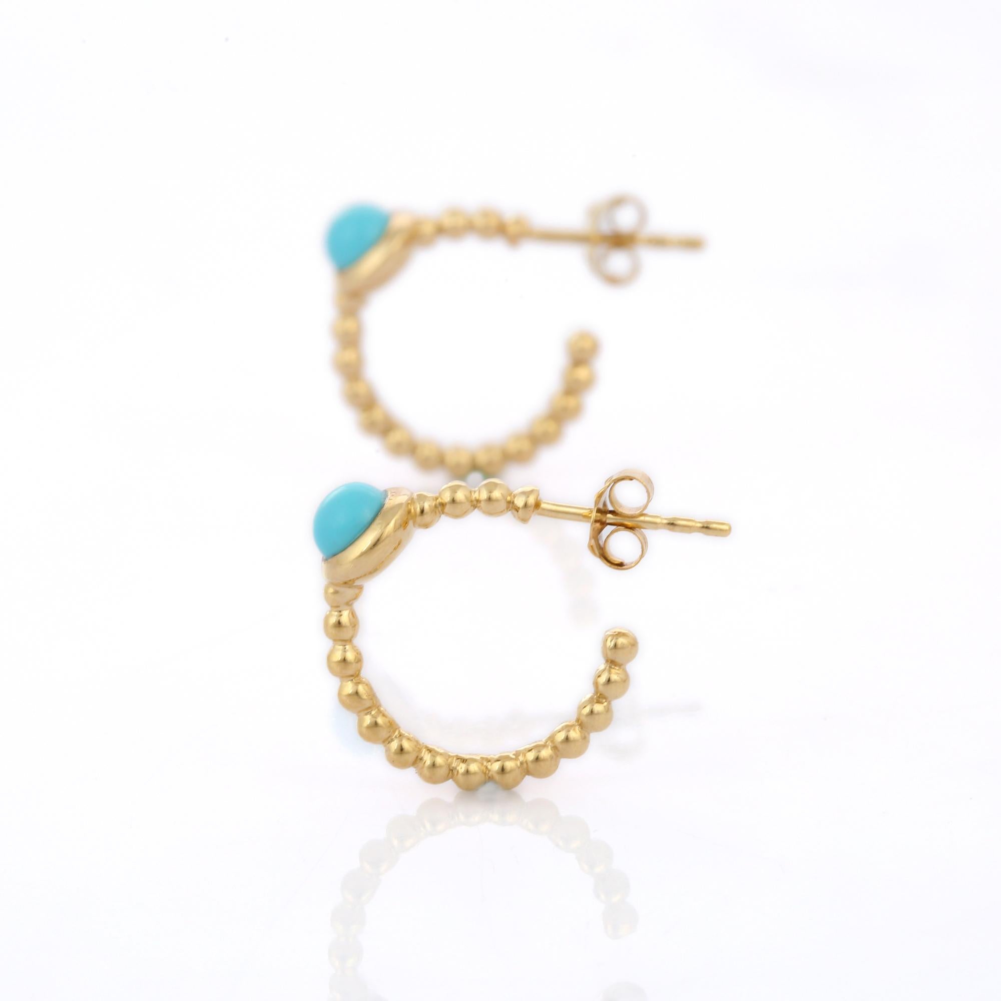 You shall need open hoop earrings to make a statement with your look. These earrings create a luxurious look featuring round cut turquoise.
If you love to gravitate towards unique styles, this piece of jewelry is perfect for you. 

PRODUCT DETAILS