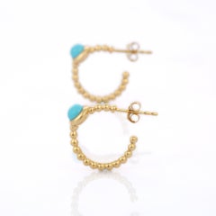14K Solid Yellow Gold Minimal C-Hoop Earrings with Bezel Set Turquoise