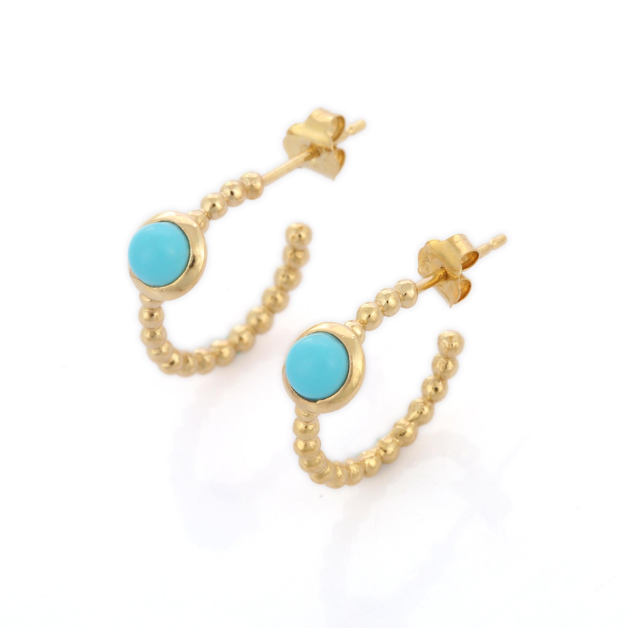 14K Solid Yellow Gold Minimal C-Hoop Earrings with Bezel Set Turquoise In New Condition For Sale In Houston, TX