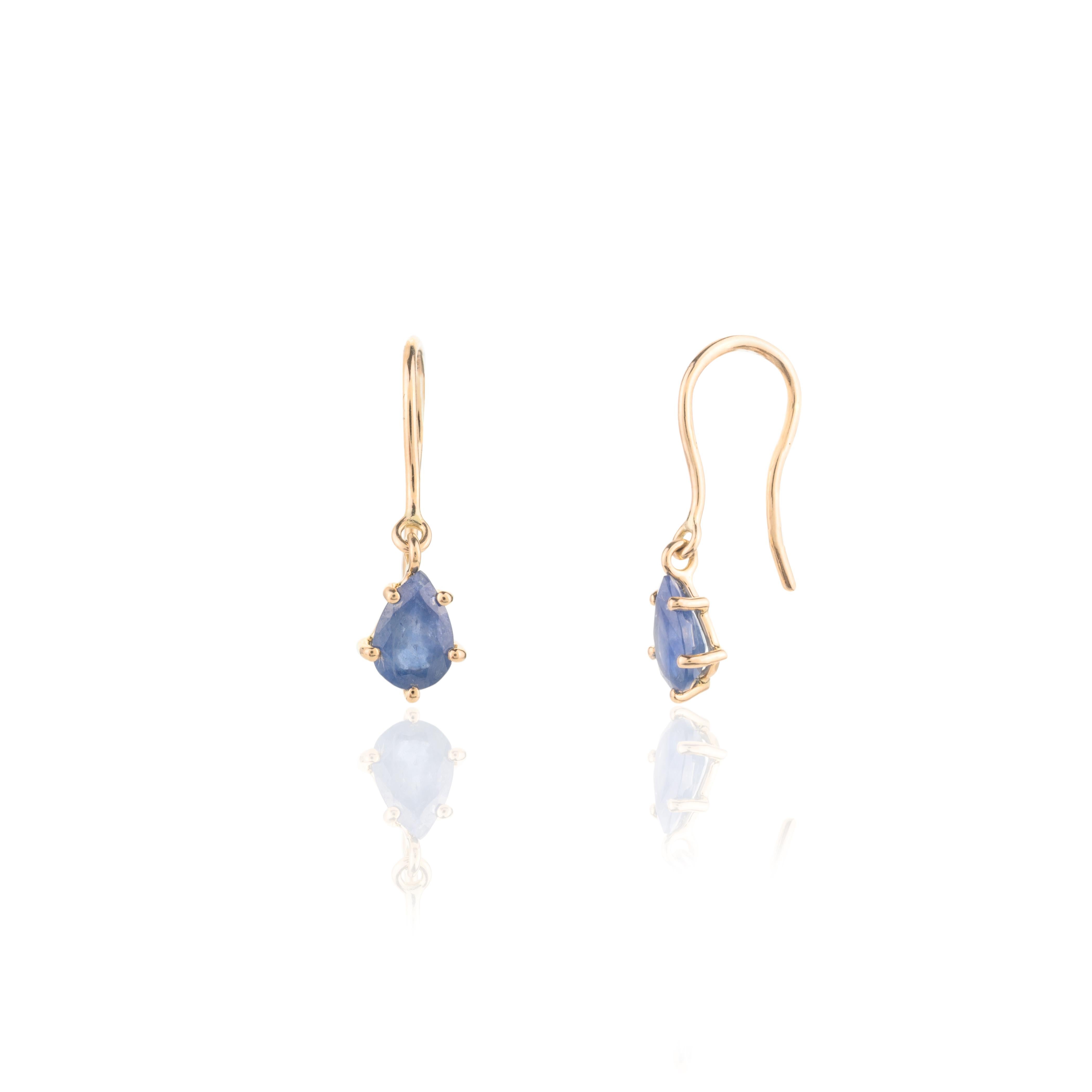 Women's 14k Solid Yellow Gold Minimalist Pear Cut Sapphire Dangle Earrings Gift for Her For Sale