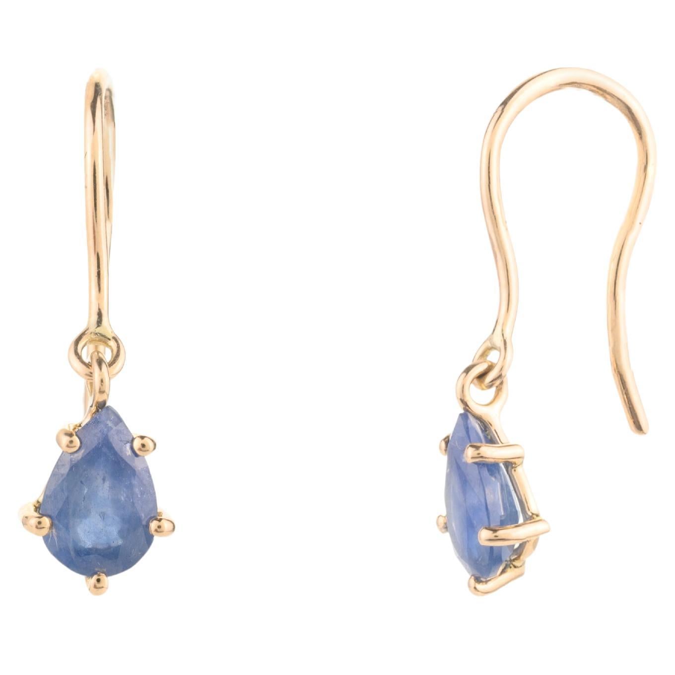 14k Solid Yellow Gold Minimalist Pear Cut Sapphire Dangle Earrings Gift for Her For Sale
