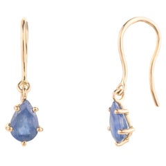 14k Solid Yellow Gold Minimalist Pear Cut Sapphire Dangle Earrings Gift for Her