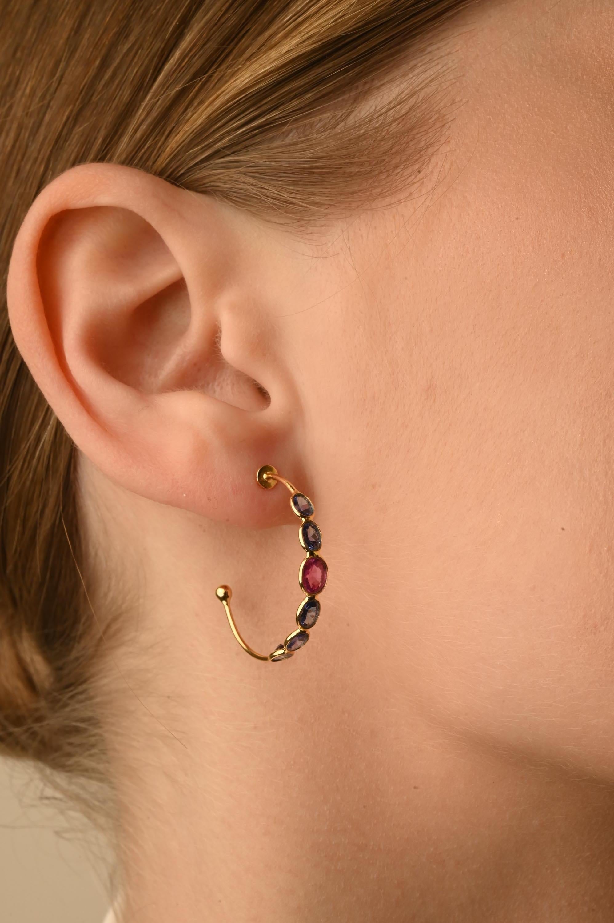 14k Solid Yellow Gold Mounted Multi Sapphire Hoop Earrings Gift for Her For Sale 5