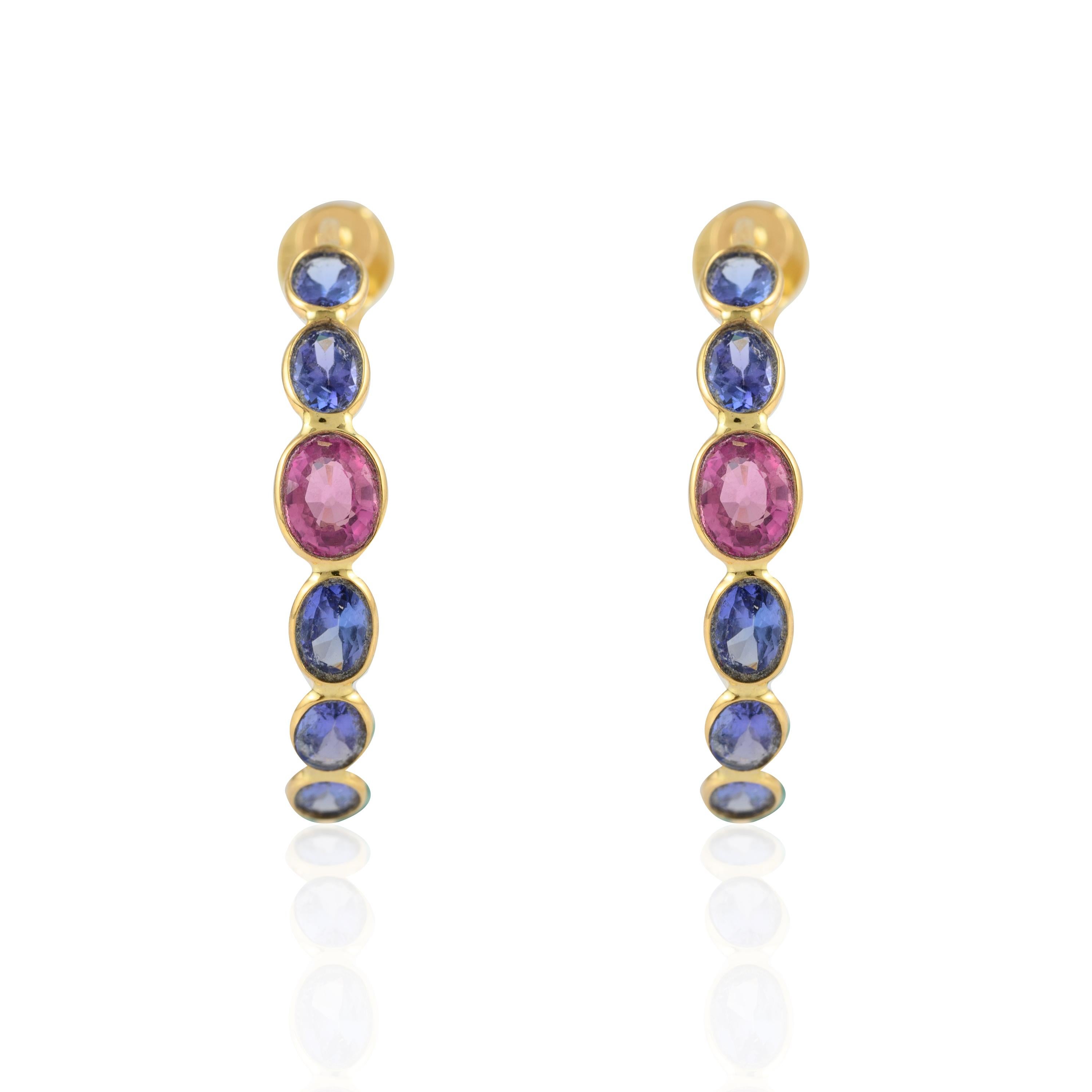 14k Solid Yellow Gold Mounted Multi Sapphire Hoop Earrings Gift for Her In New Condition For Sale In Houston, TX