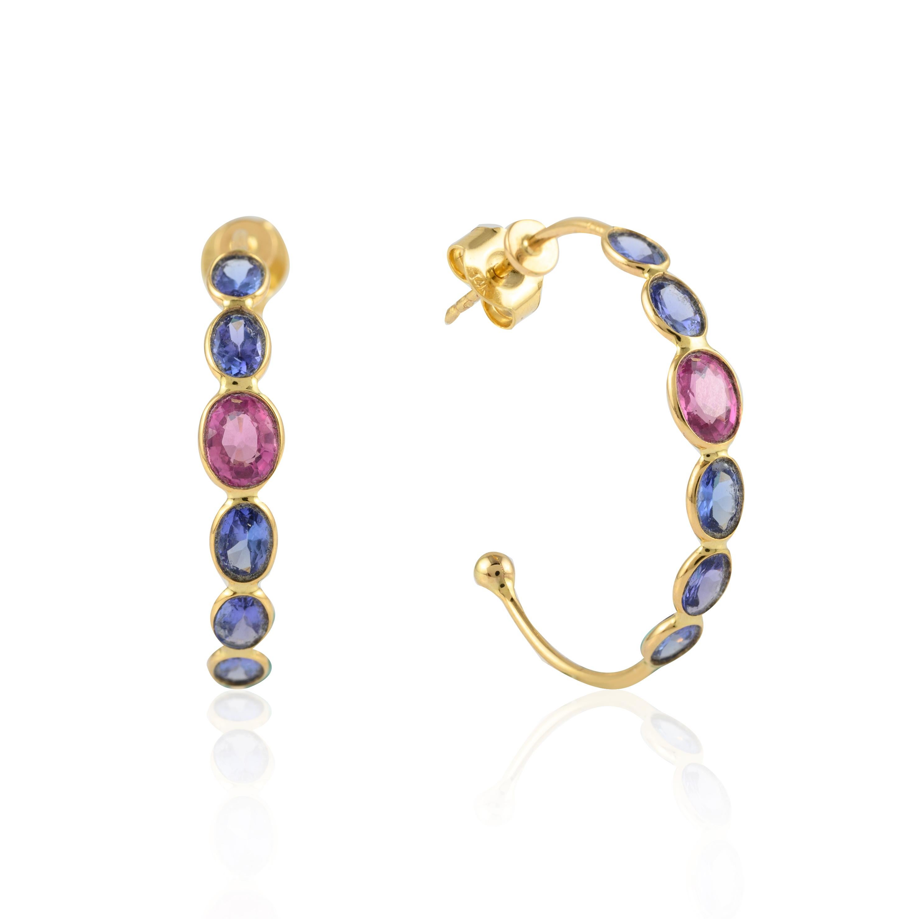 14k Solid Yellow Gold Mounted Multi Sapphire Hoop Earrings Gift for Her For Sale 2
