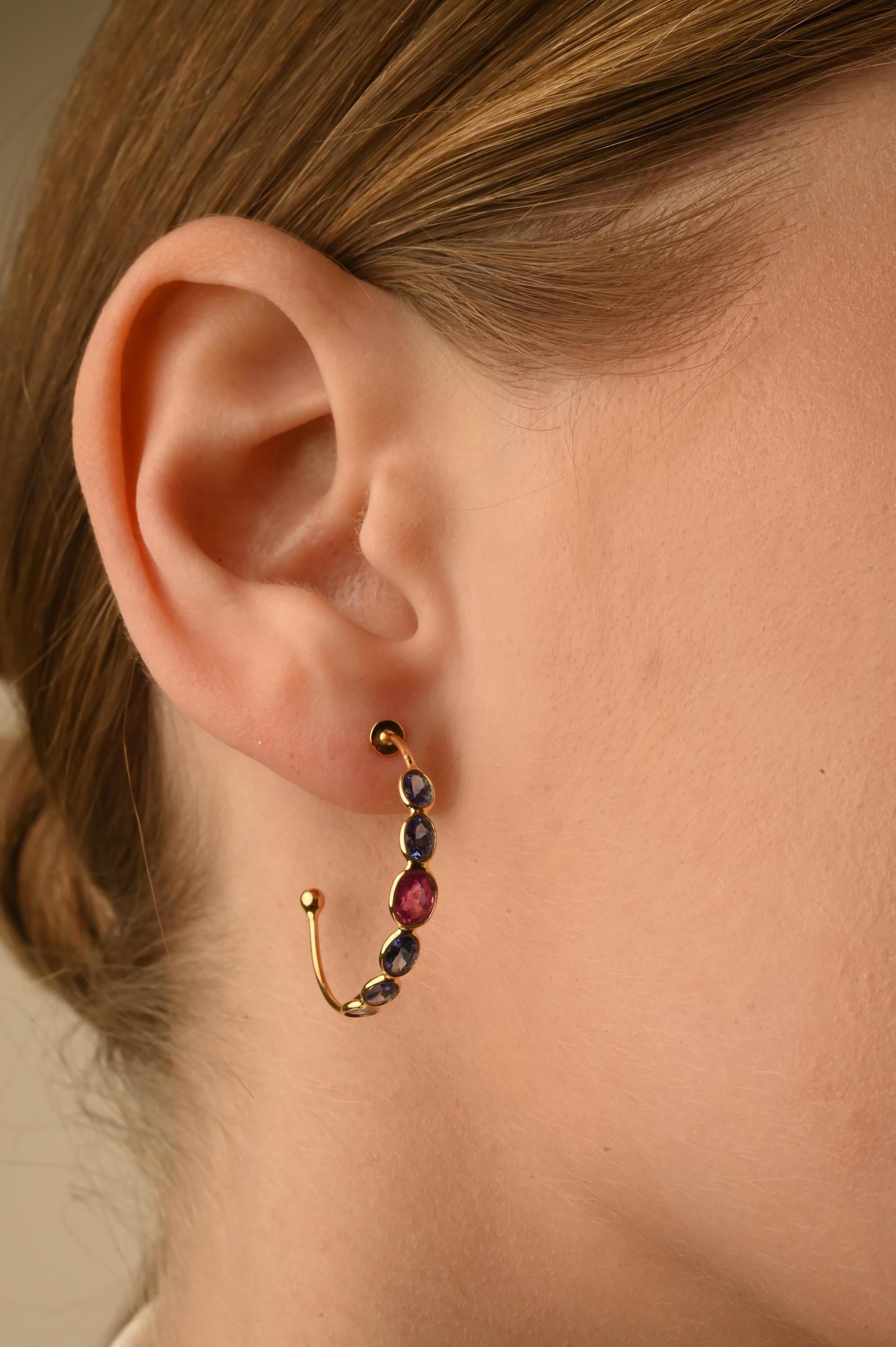Oval Cut 14k Solid Yellow Gold Mounted Multi Sapphire Hoop Earrings Gift for Her For Sale