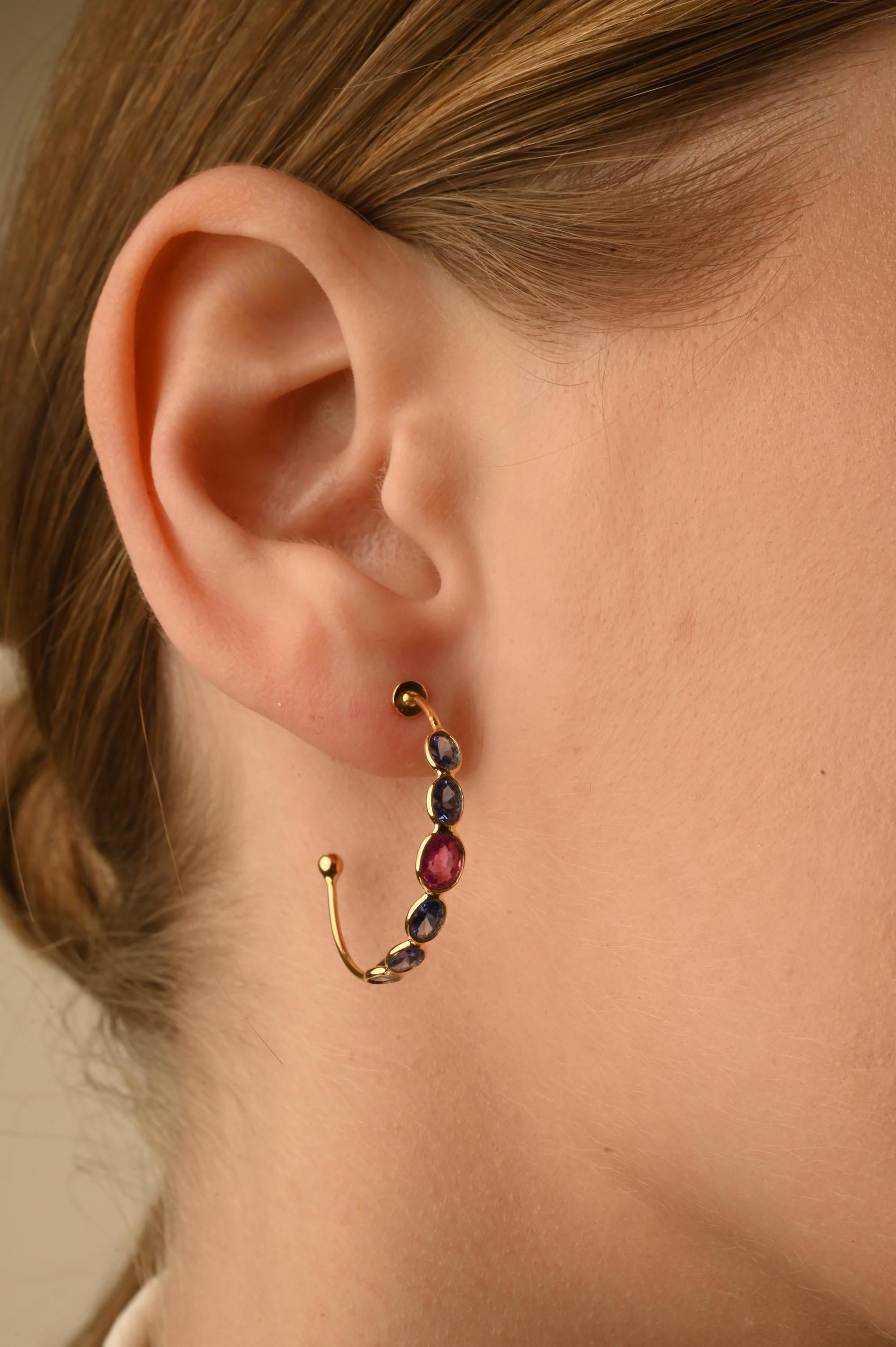 14k Solid Yellow Gold Mounted Multi Sapphire Hoop Earrings Gift for Her For Sale 1