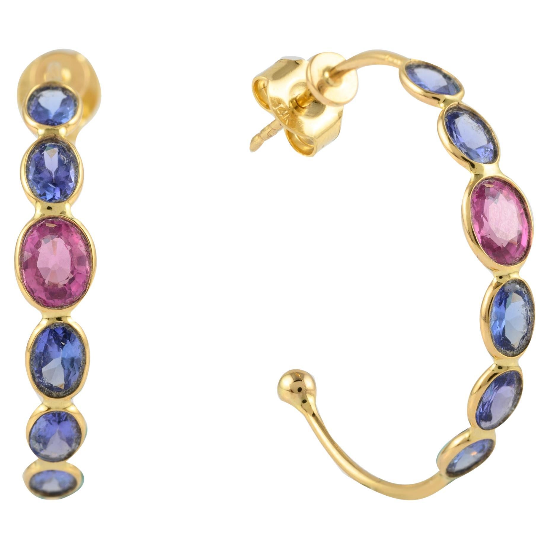 14k Solid Yellow Gold Mounted Multi Sapphire Hoop Earrings Gift for Her For Sale